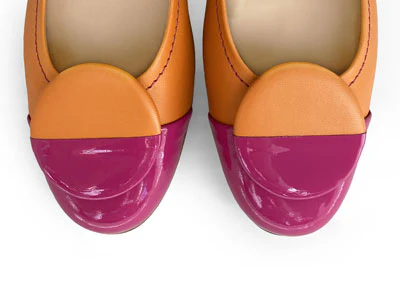 Orange leather ballet flats with fuchsia patent leather toe and stud - Image 5