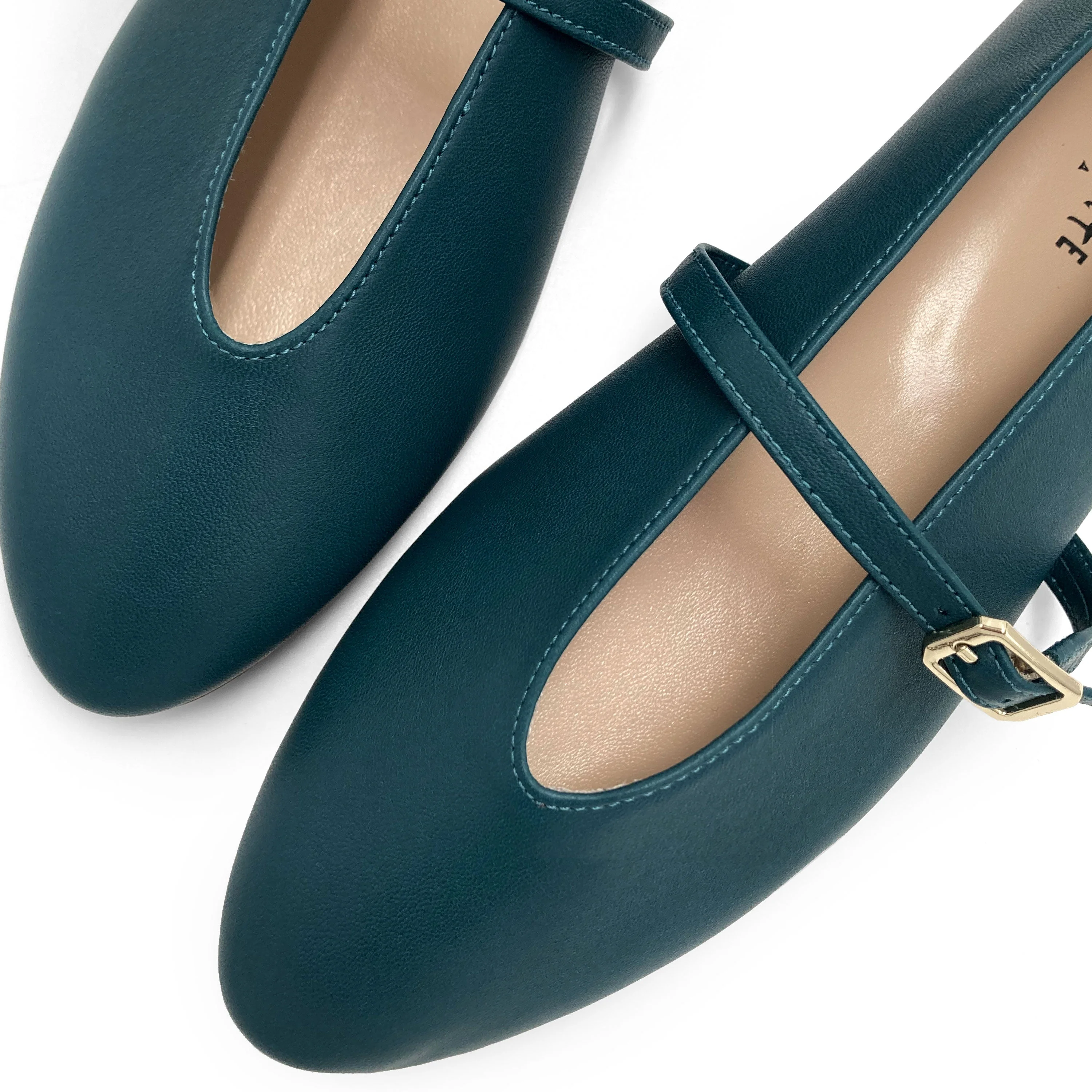 Petrol blue leather ballet flats with V-cut and strap - Image 3