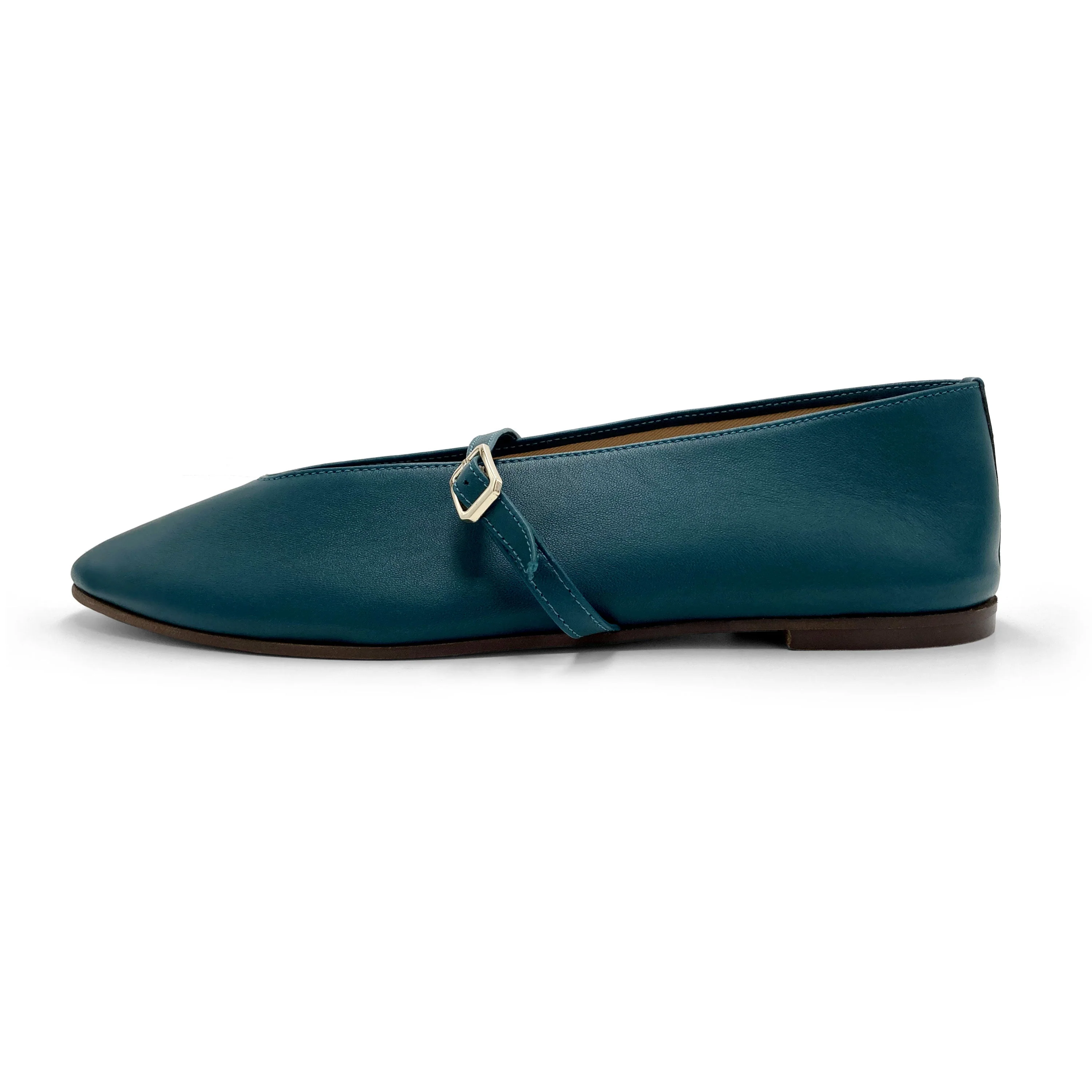 Petrol blue leather ballet flats with V-cut and strap - Image 4