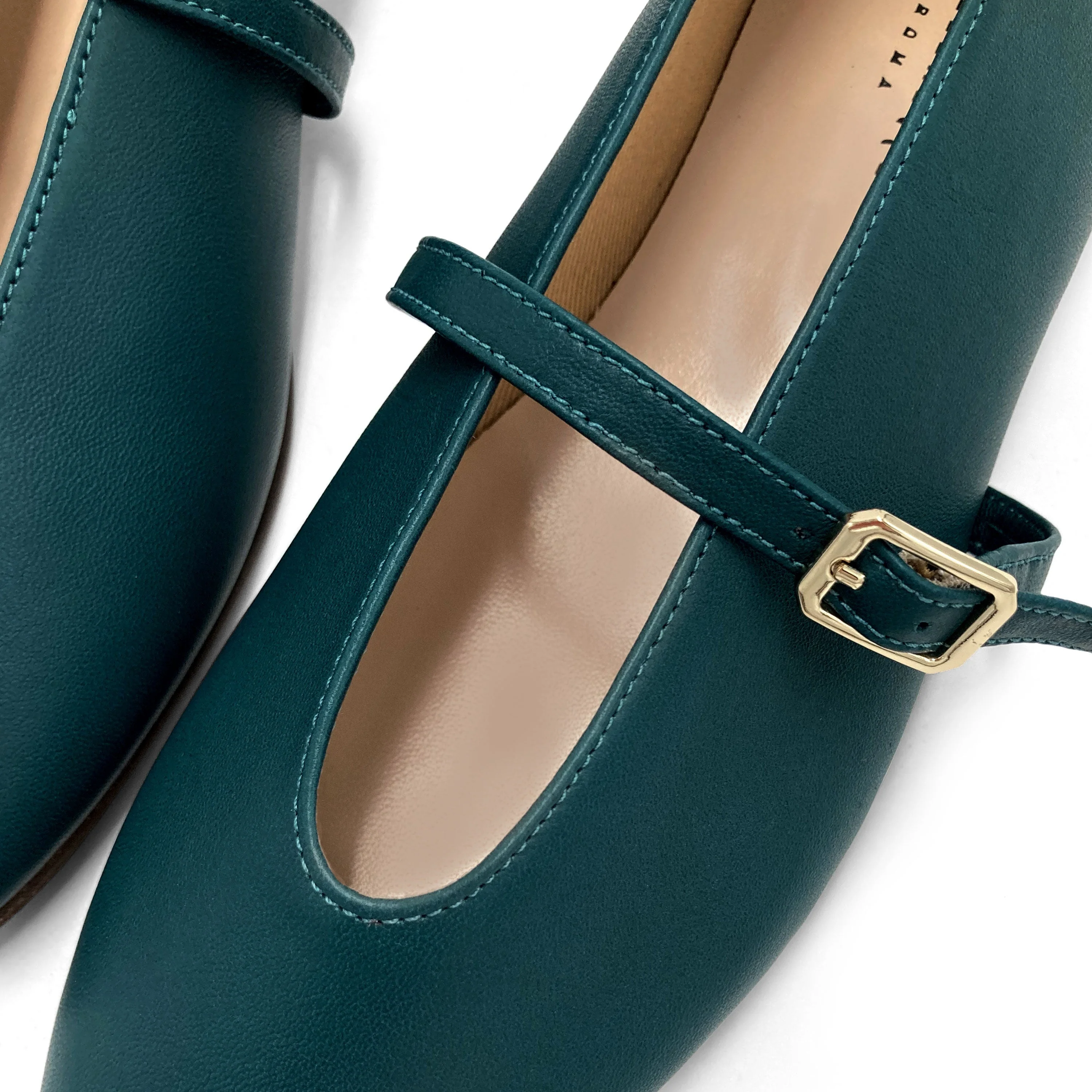 Petrol blue leather ballet flats with V-cut and strap - Image 5