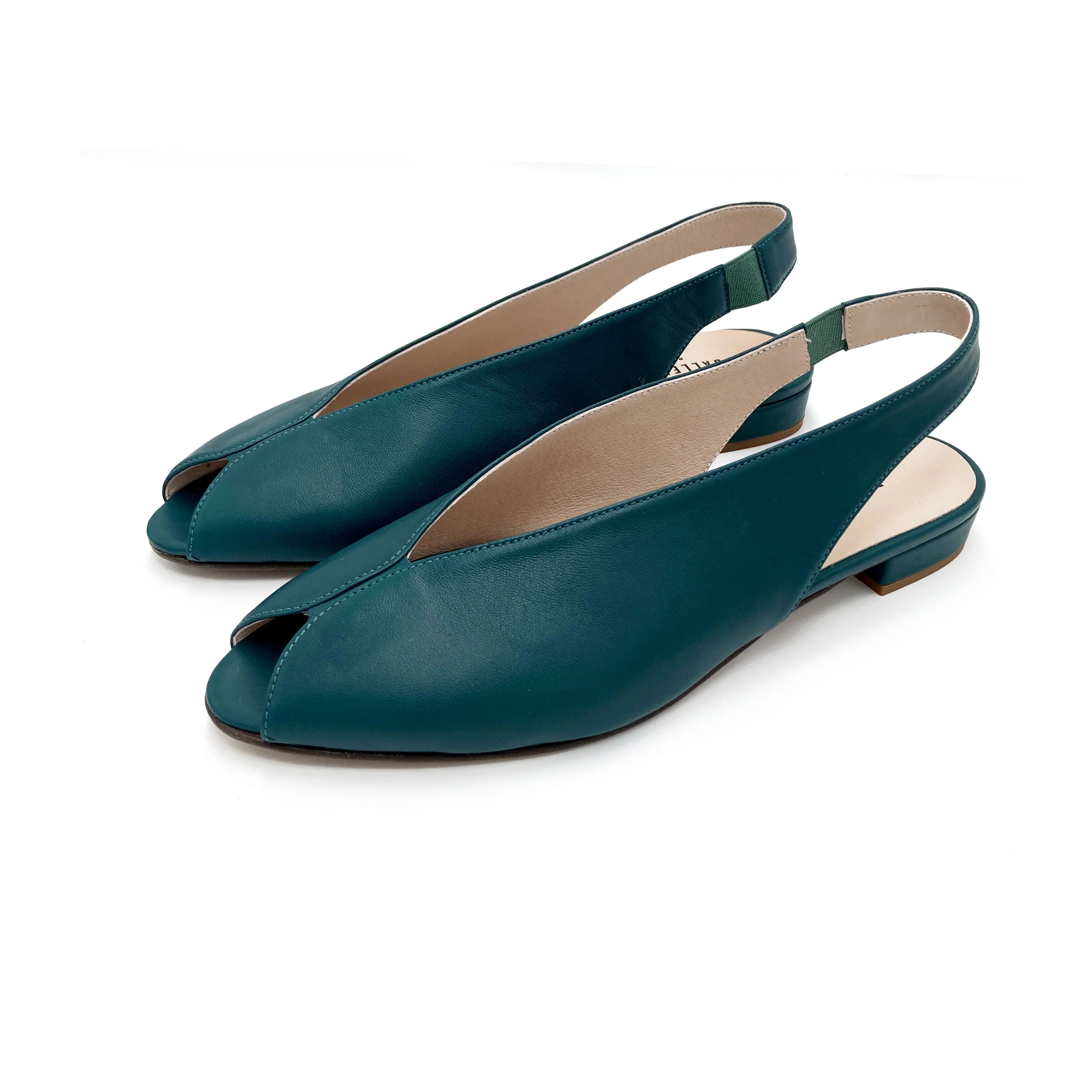 Petrol blue leather open-toe slingbacks - Image 5