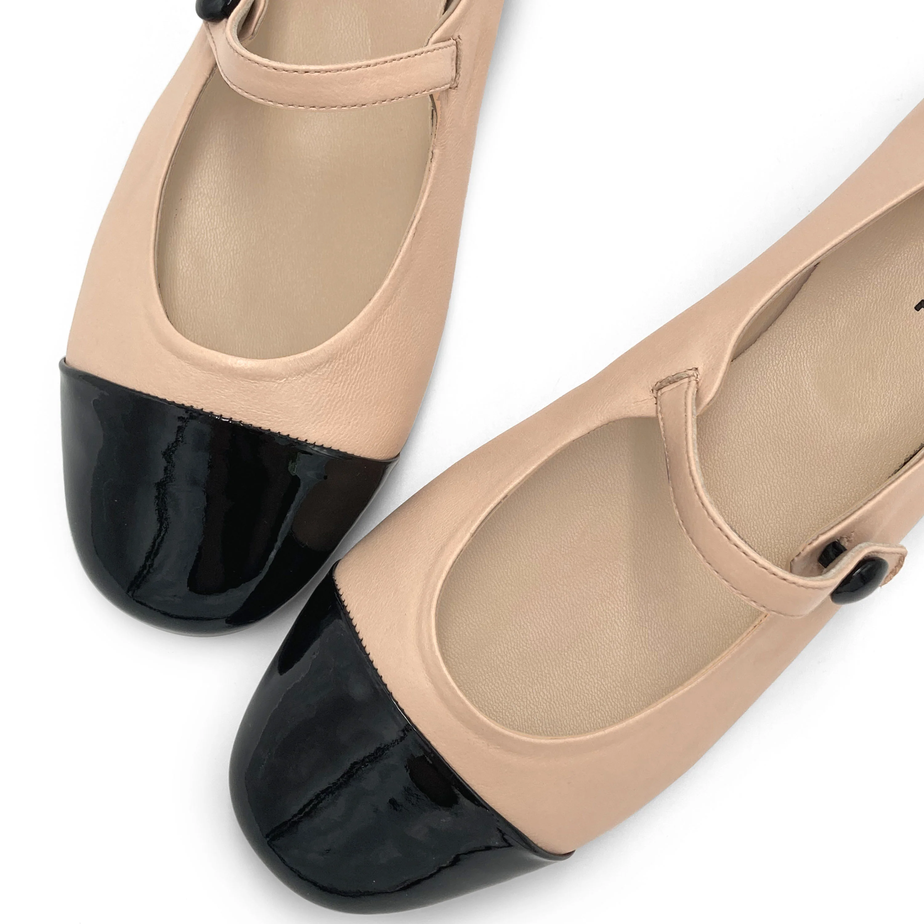 Powder pink ballet flats with black patent toe and strap - Image 3