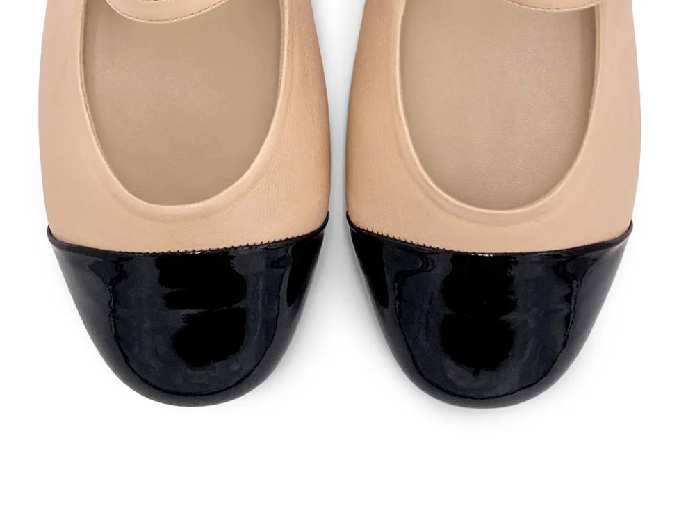 Powder pink ballet flats with black patent toe and strap - Image 5