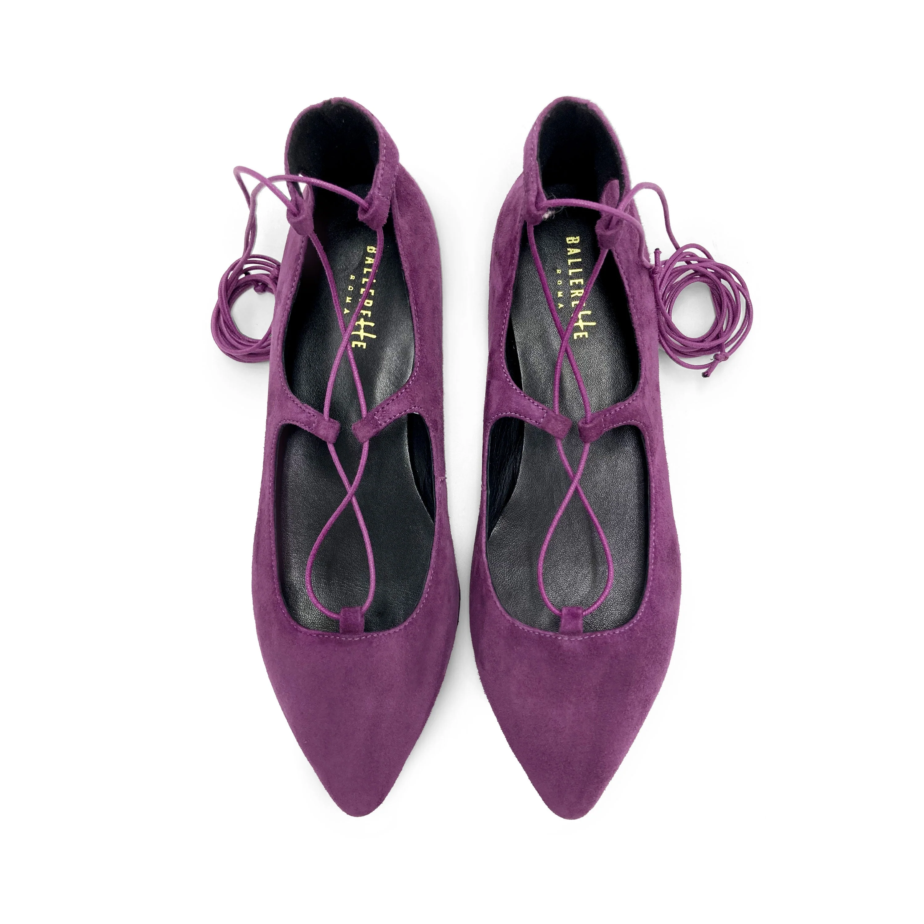 Purple suede ballet flats with straps