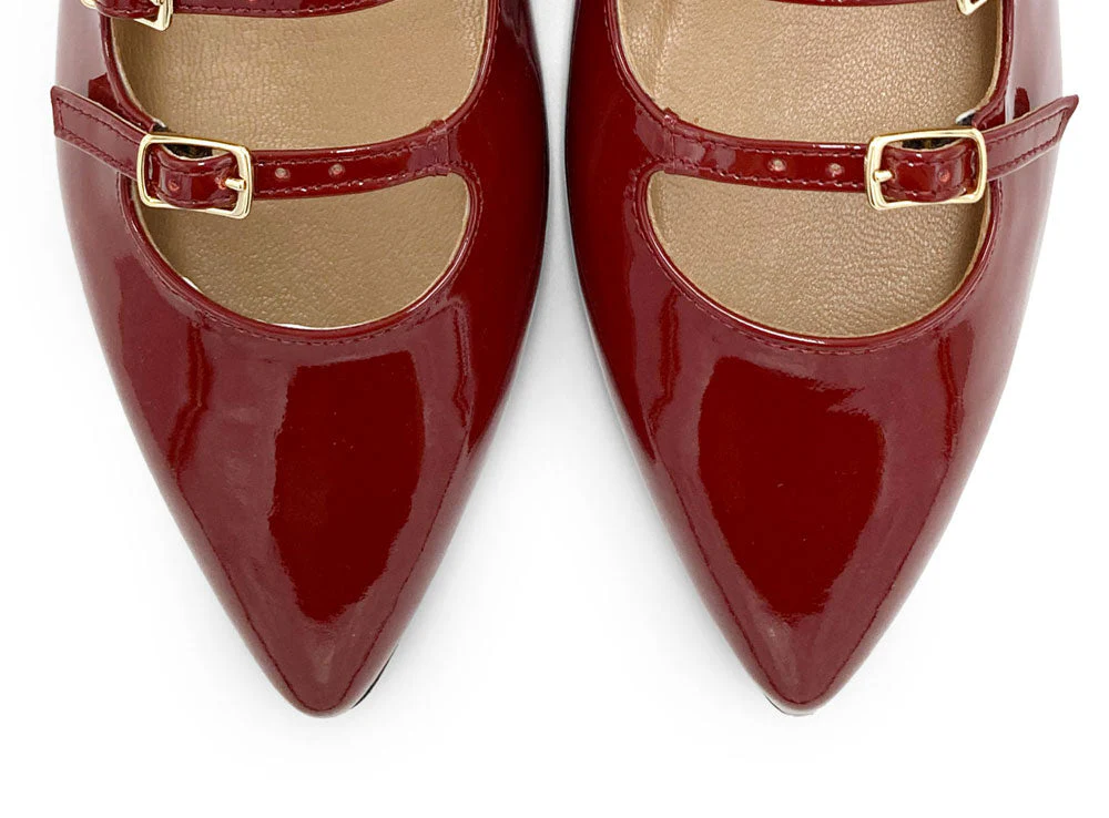 Red shiny pointed ballet flats with three straps - Image 6