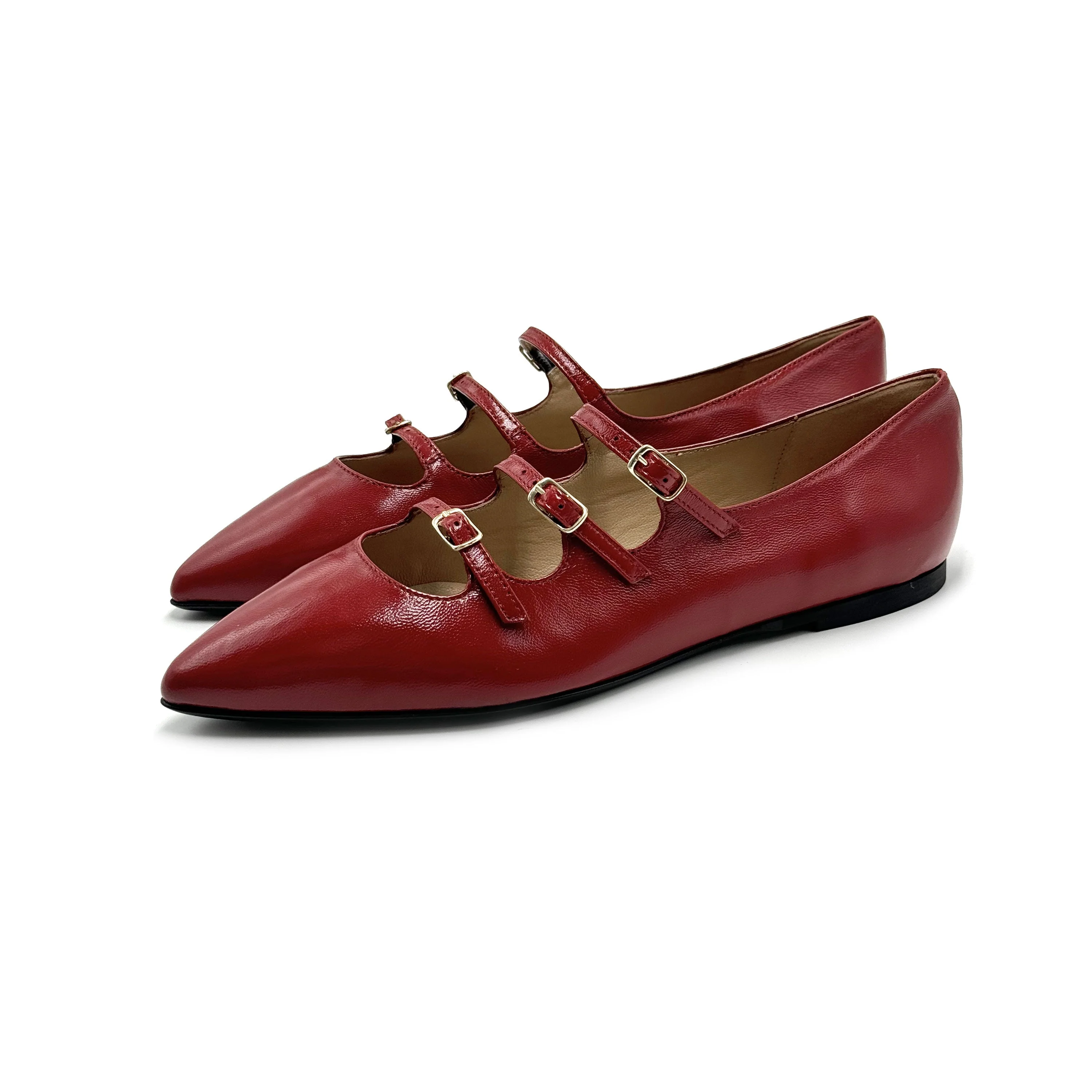 Red shiny pointed-toe ballet flats with straps - Image 2