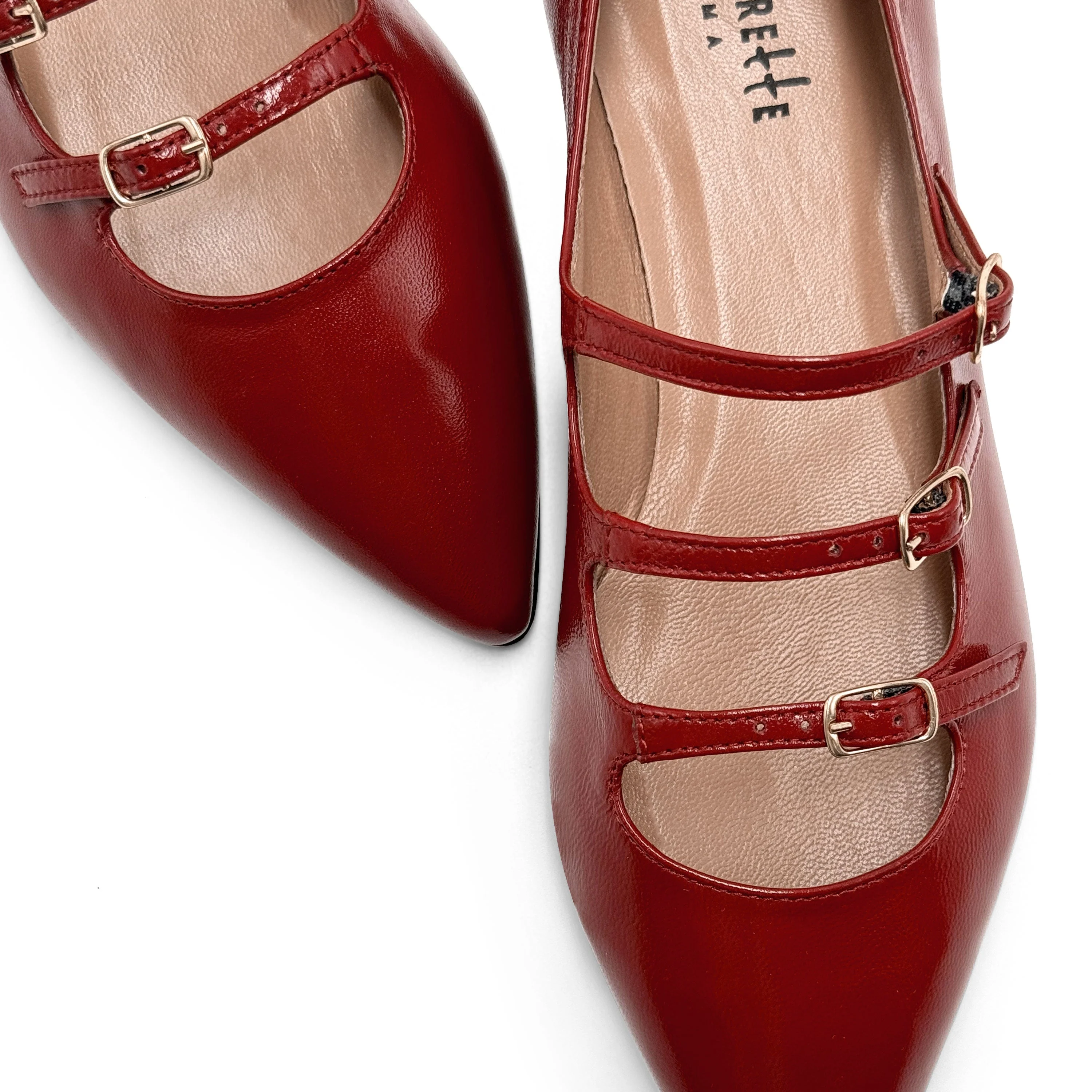 Red shiny pointed-toe ballet flats with straps - Image 4