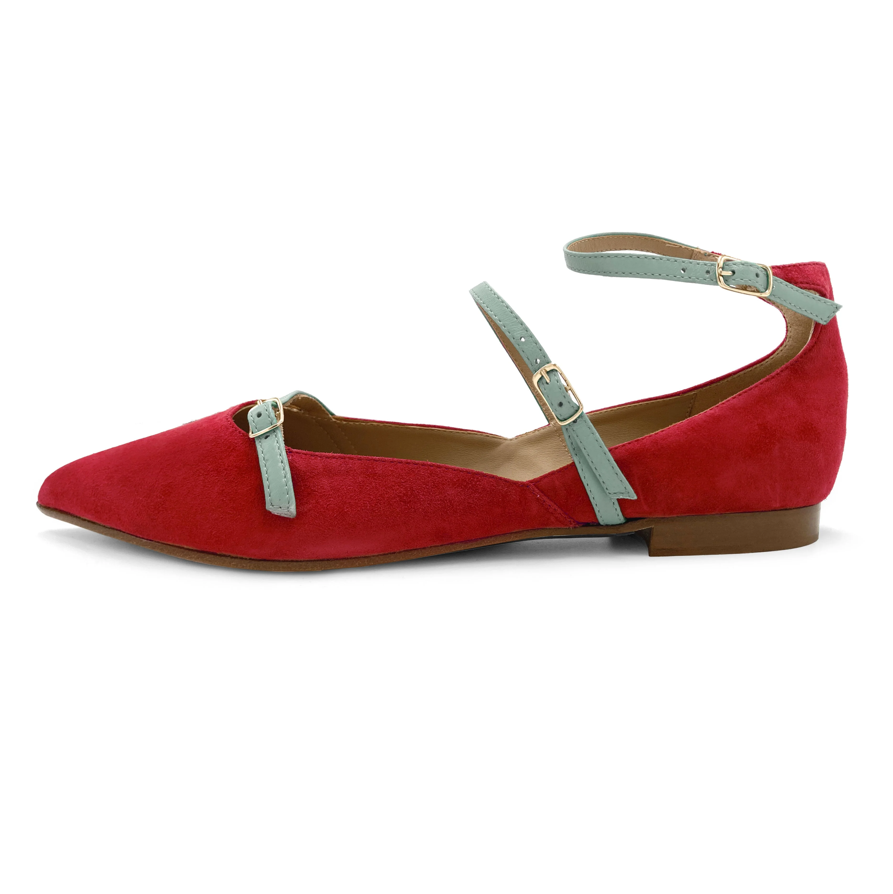 Red suede ballet flats with turquoise straps - Image 3