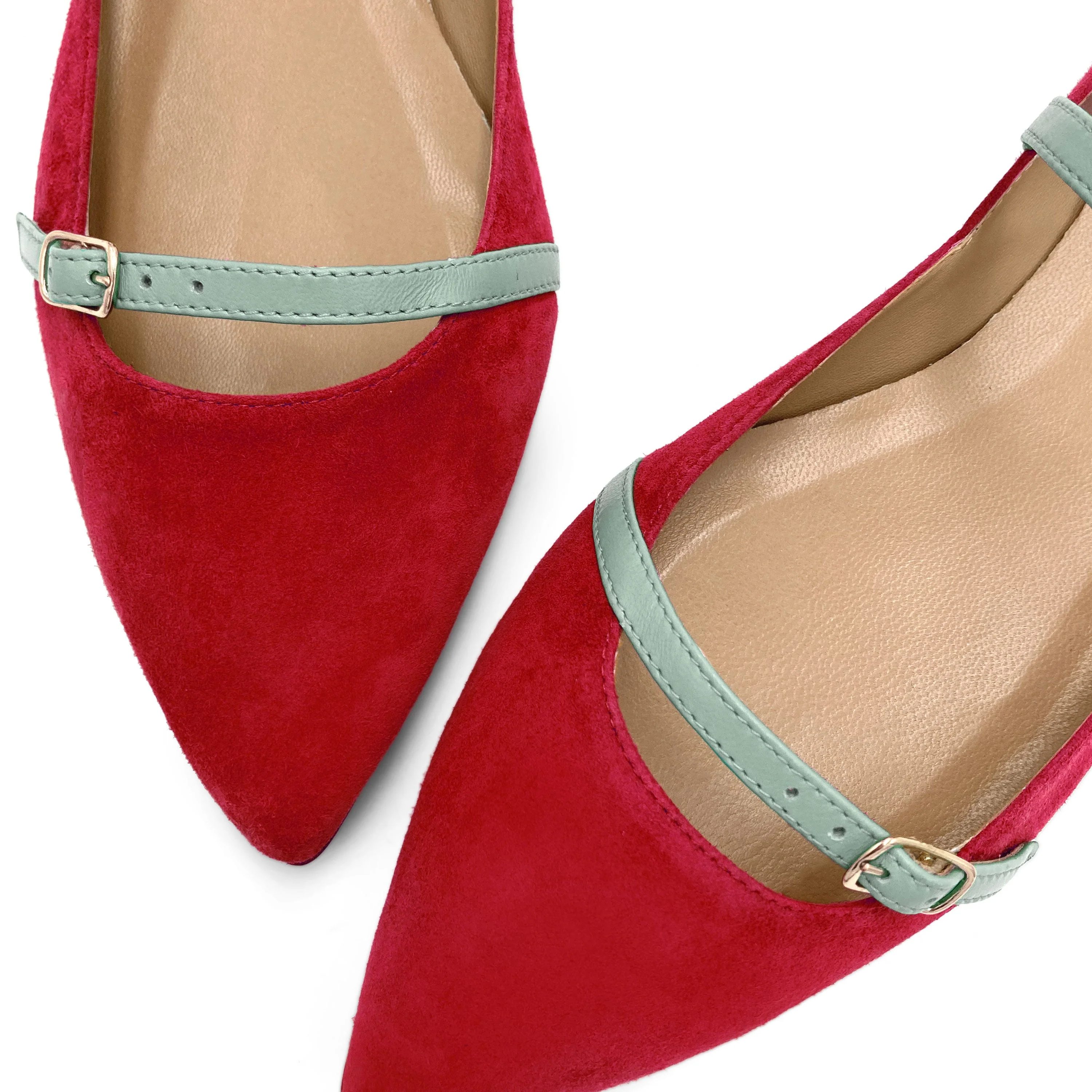 Red suede ballet flats with turquoise straps - Image 4