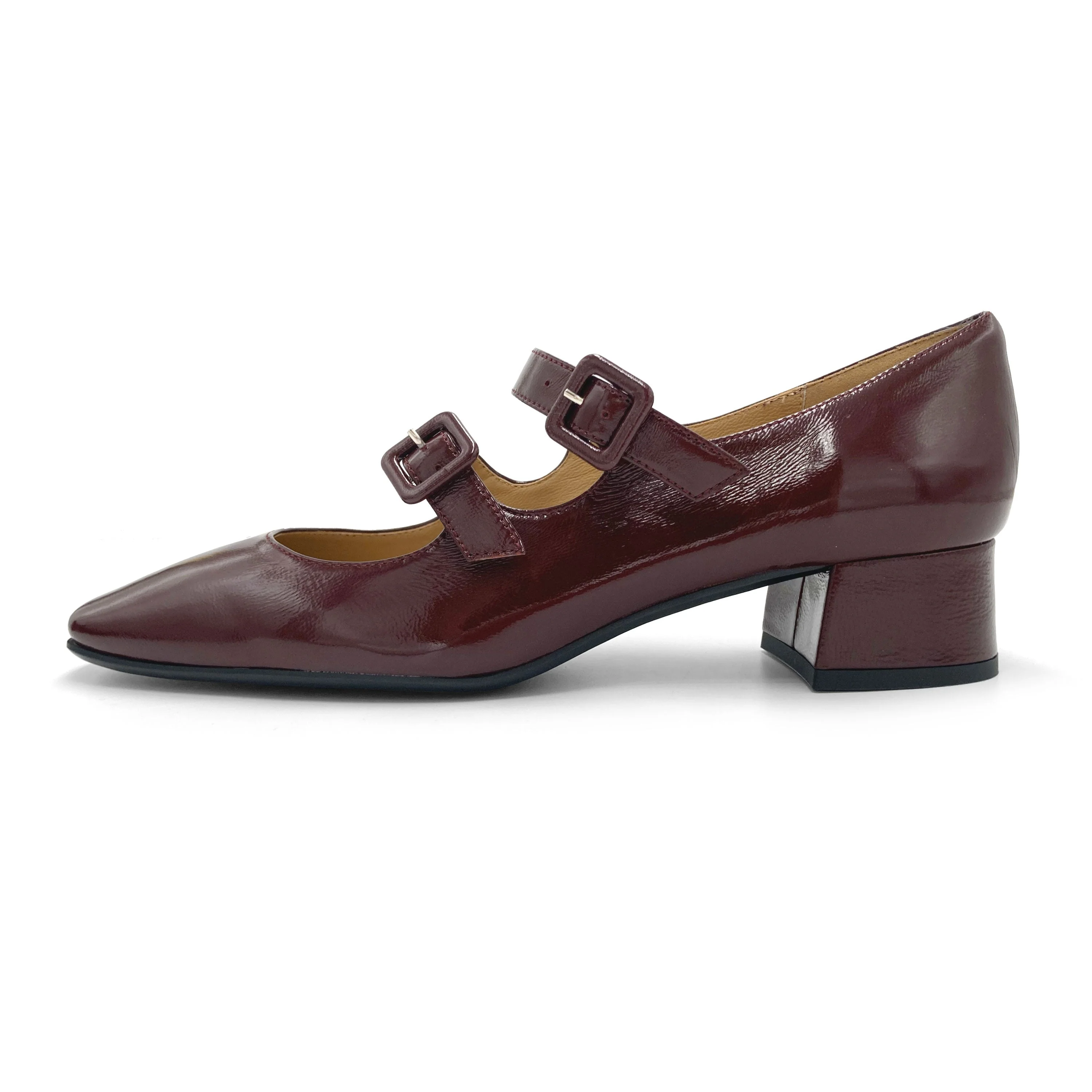 Shiny burgundy Mary Jane ballet flats with heel and square toe - Image 4