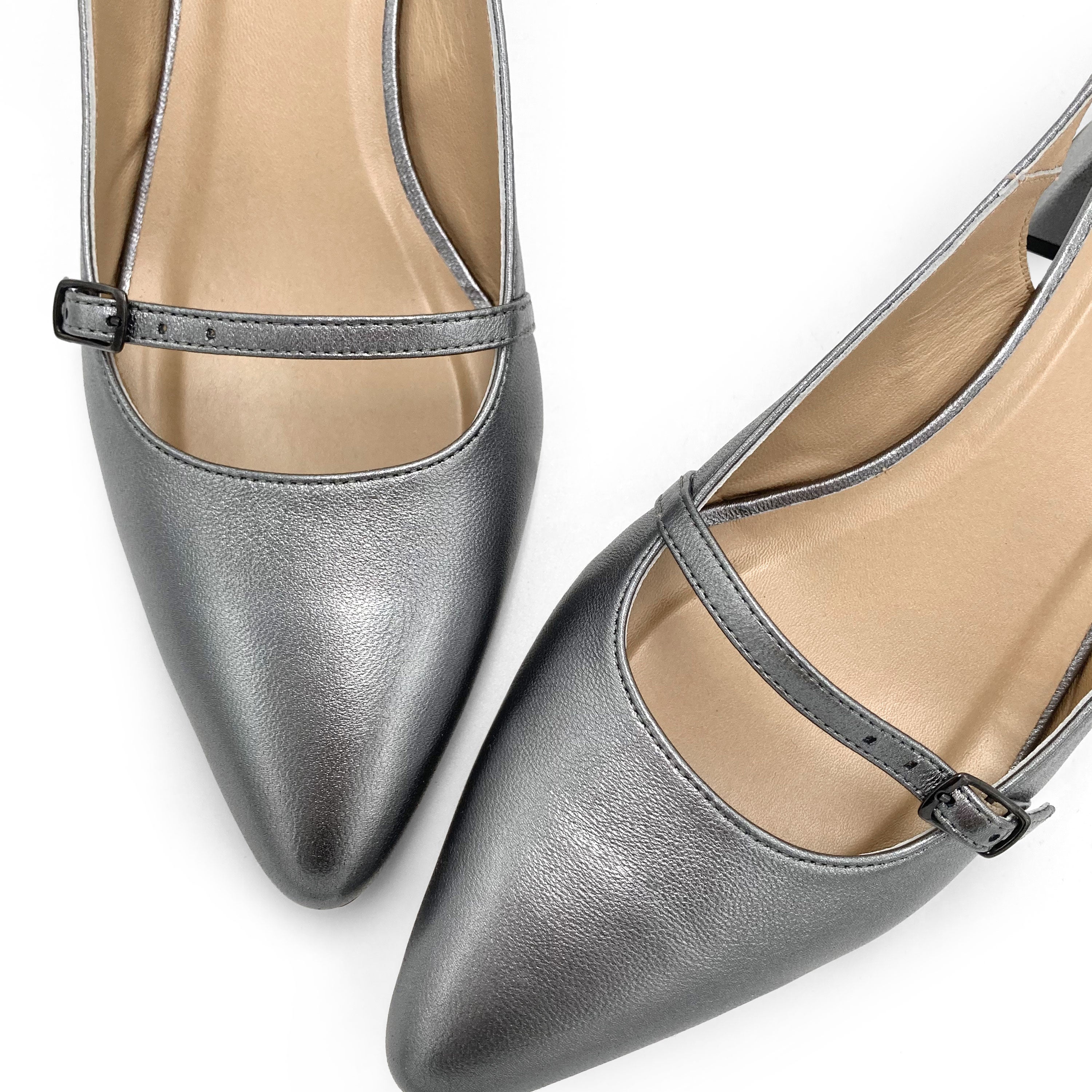 Silver leather Mary Janee slingback ballet flats with heel - Image 5