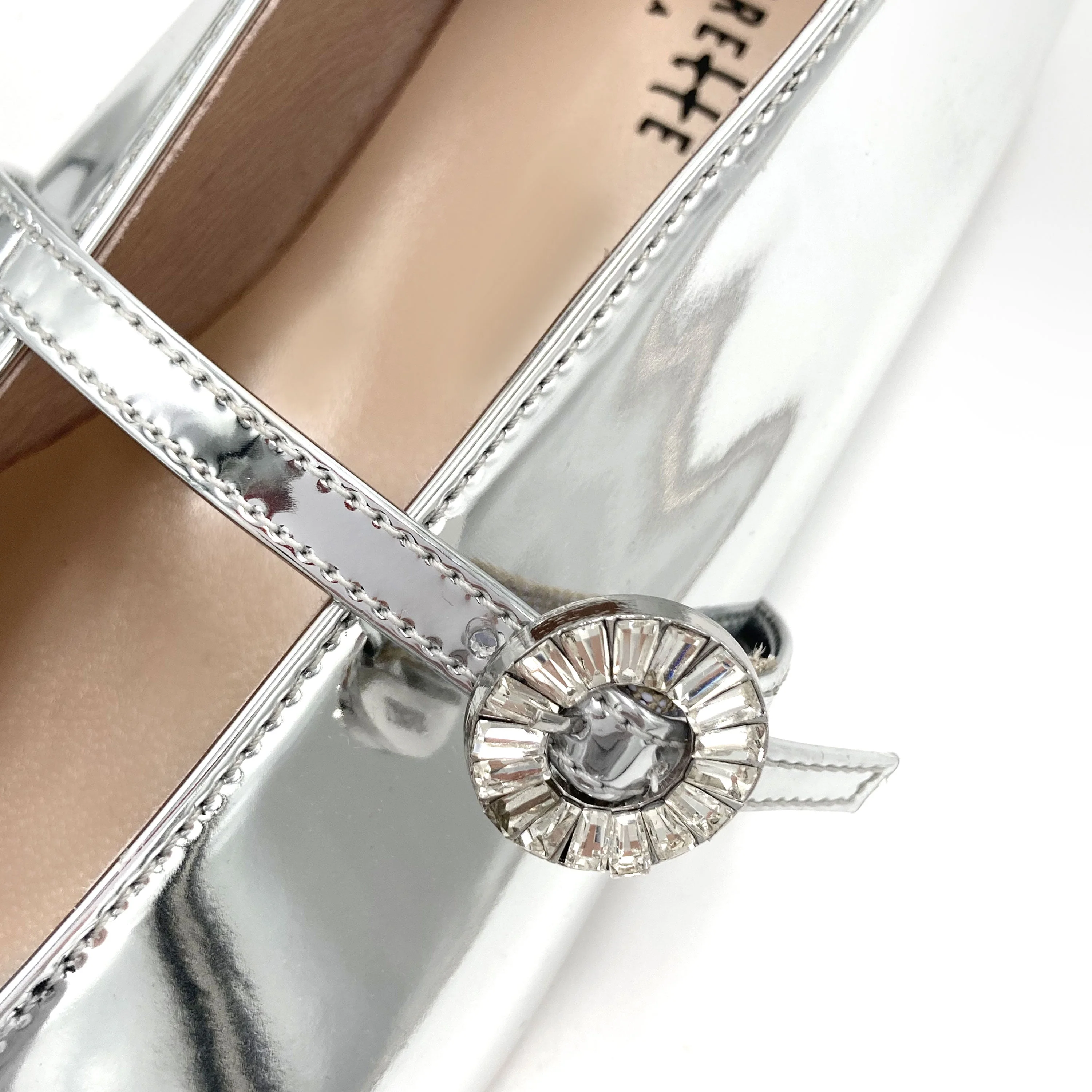 Silver mirrored ballet flats with V cut and jeweled strap - Image 5