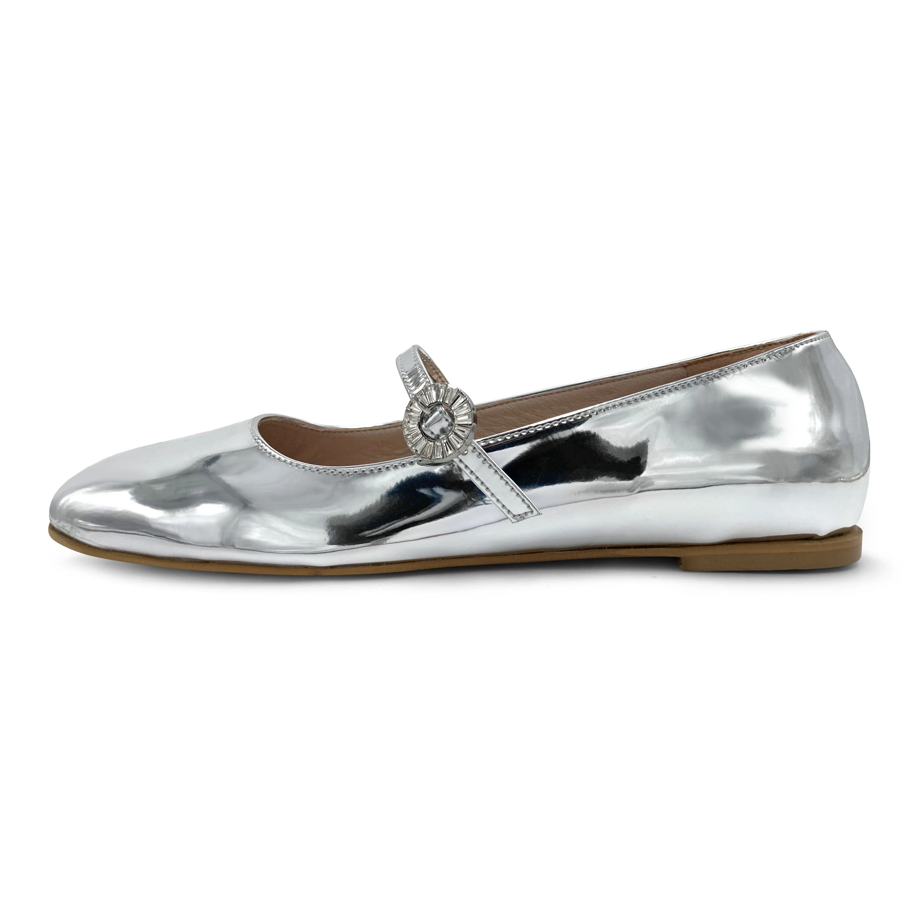 Silver mirrored Mary Jane ballet flats with jeweled strap - Image 3