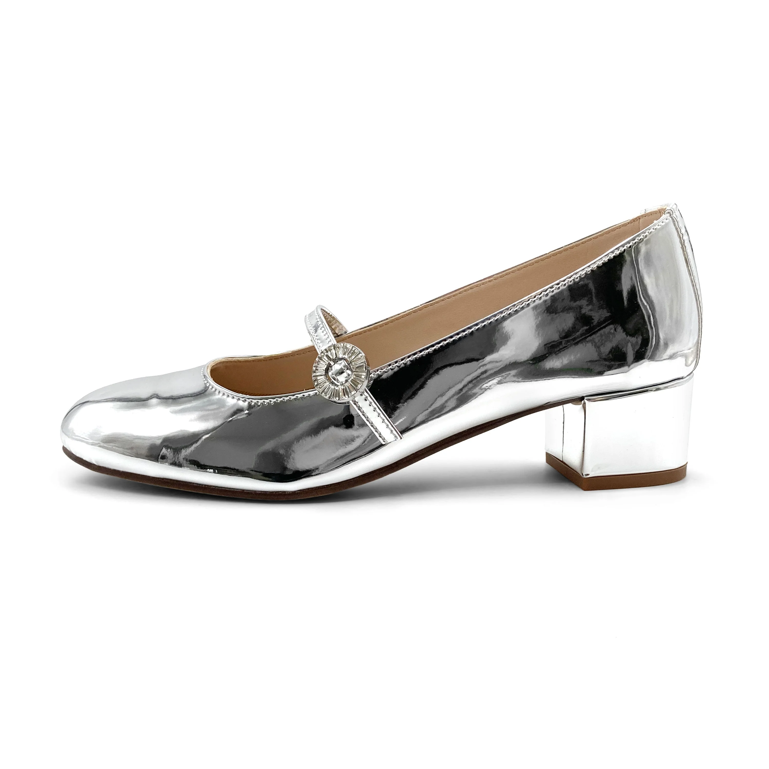 Silver mirrored Mary Jane ballet flats with strap and high heel - Image 4