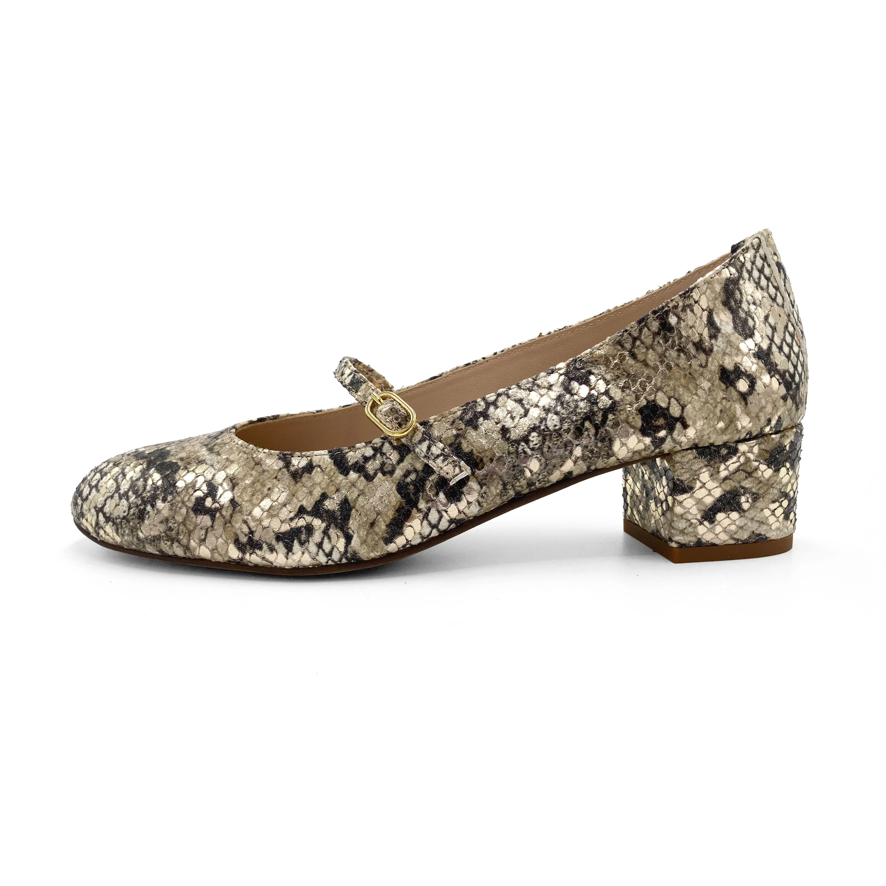 Snake print leather Mary Jane ballet flats with strap and high heel - Image 4