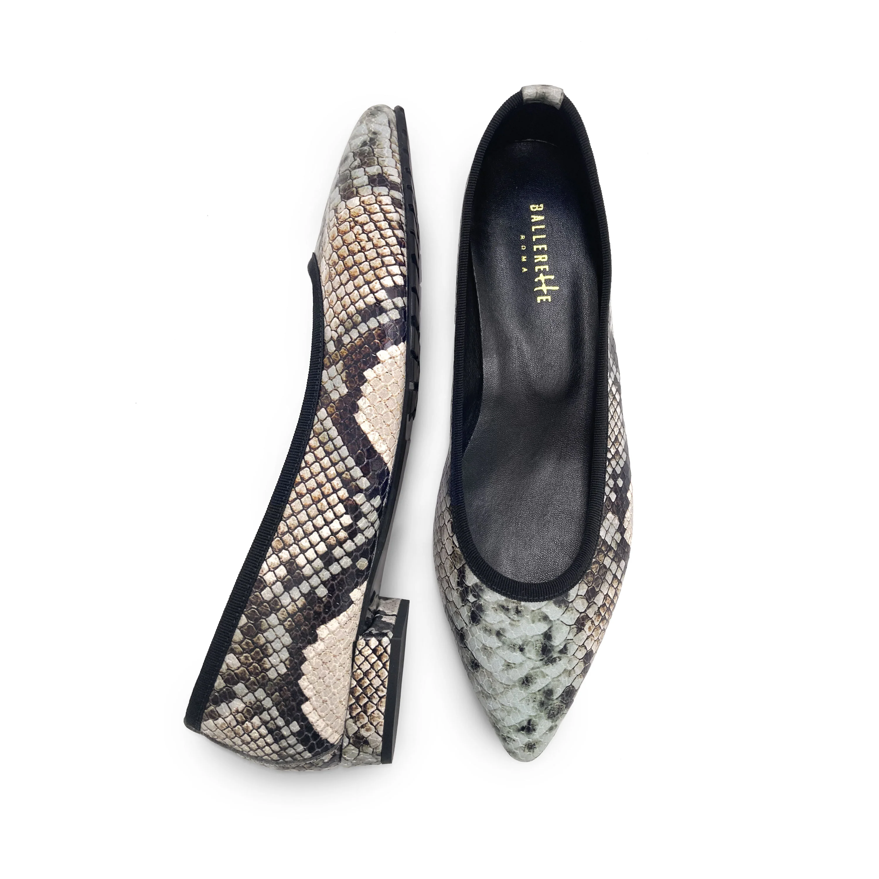 Snake print leather pointed toe ballet flats