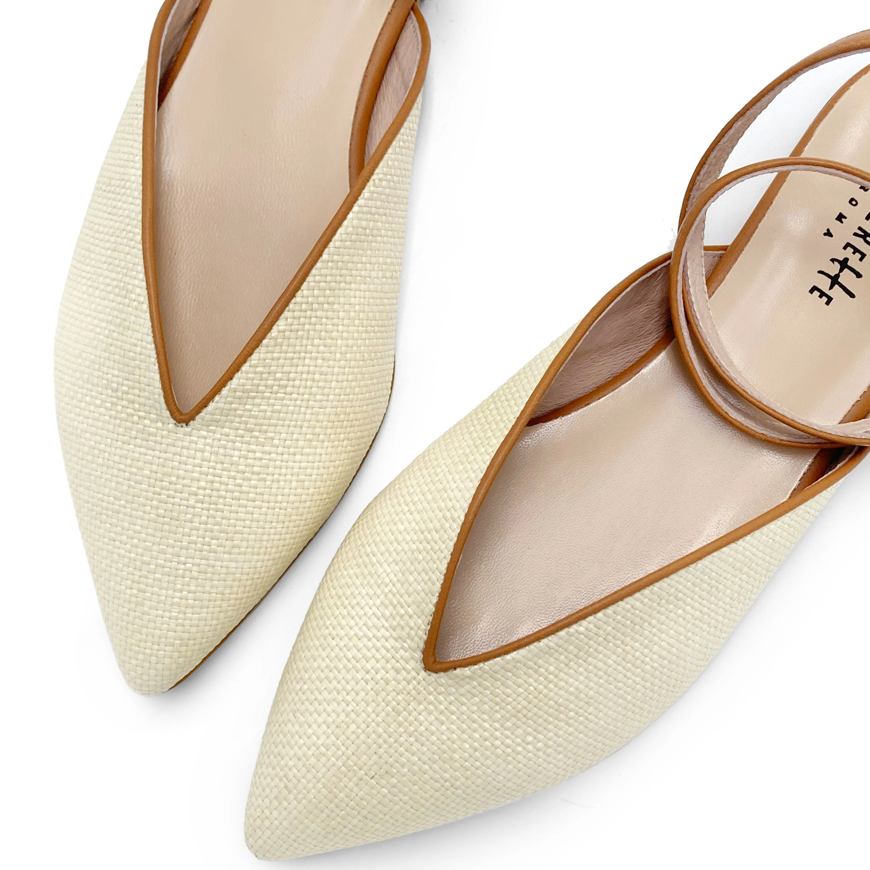 Summer mule shoes in beige raffia with leather ankle tie - Image 4