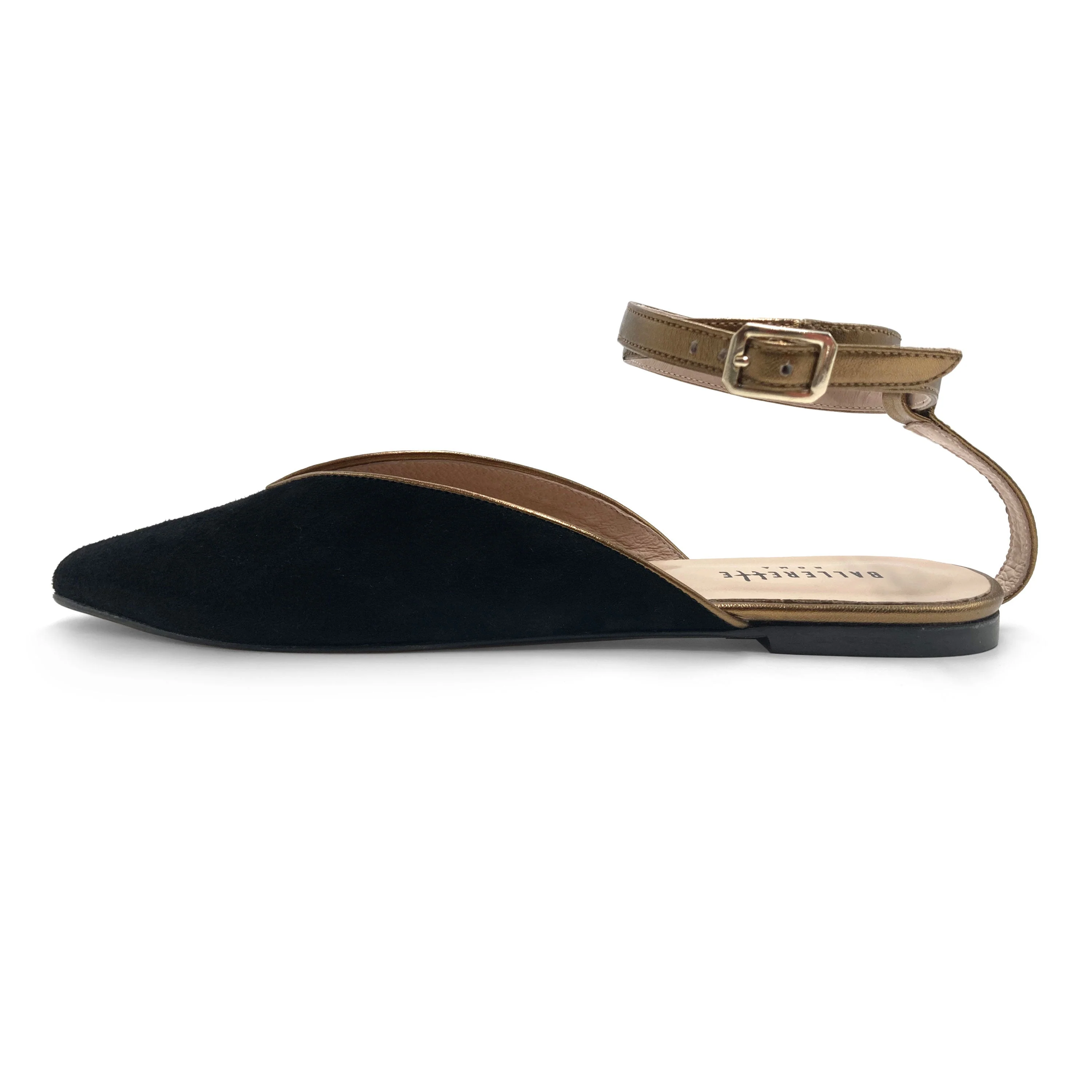 Summer mule shoes in black suede with bronze ankle tie - Image 3