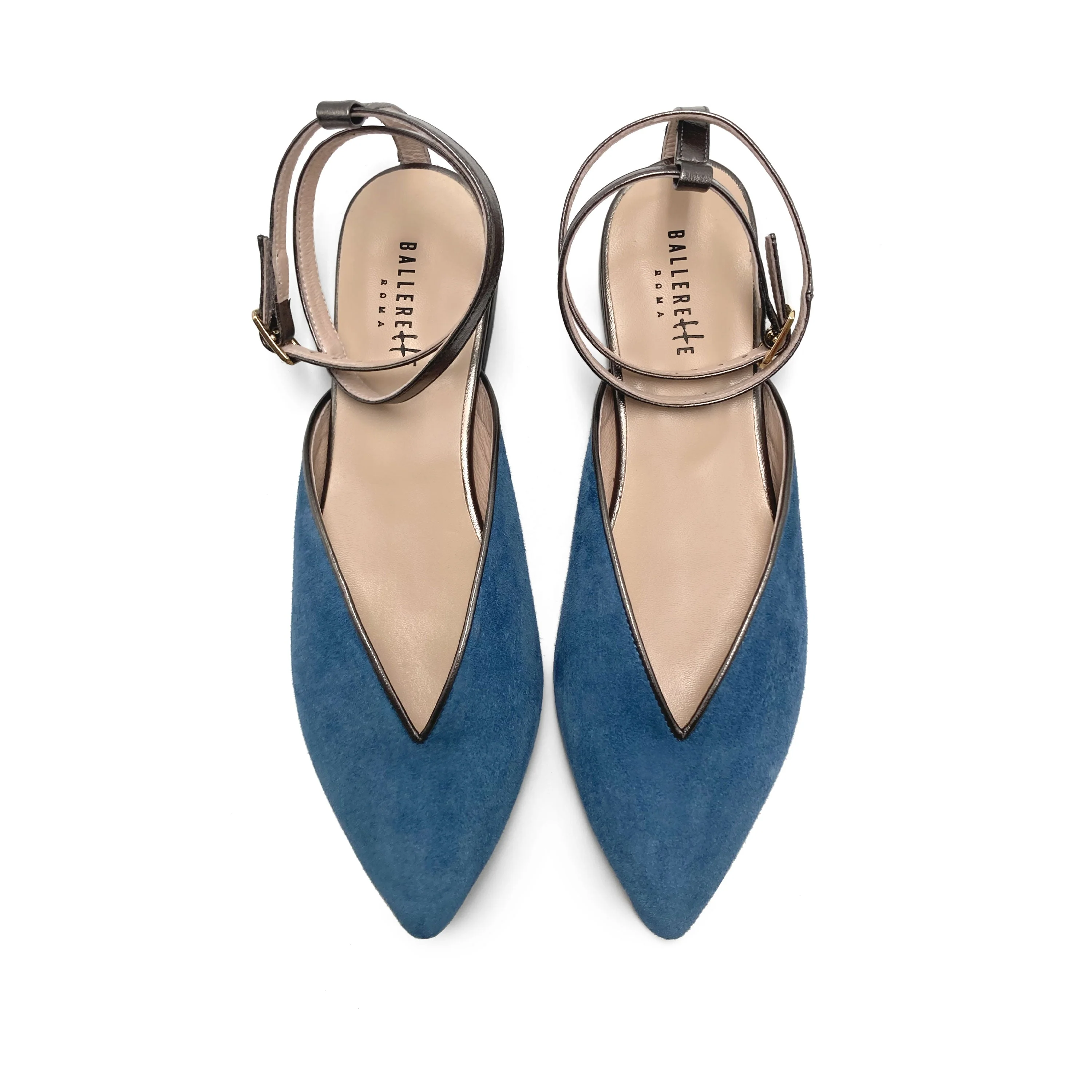 Summer mule shoes in cerulean suede with metallic iron ankle tie