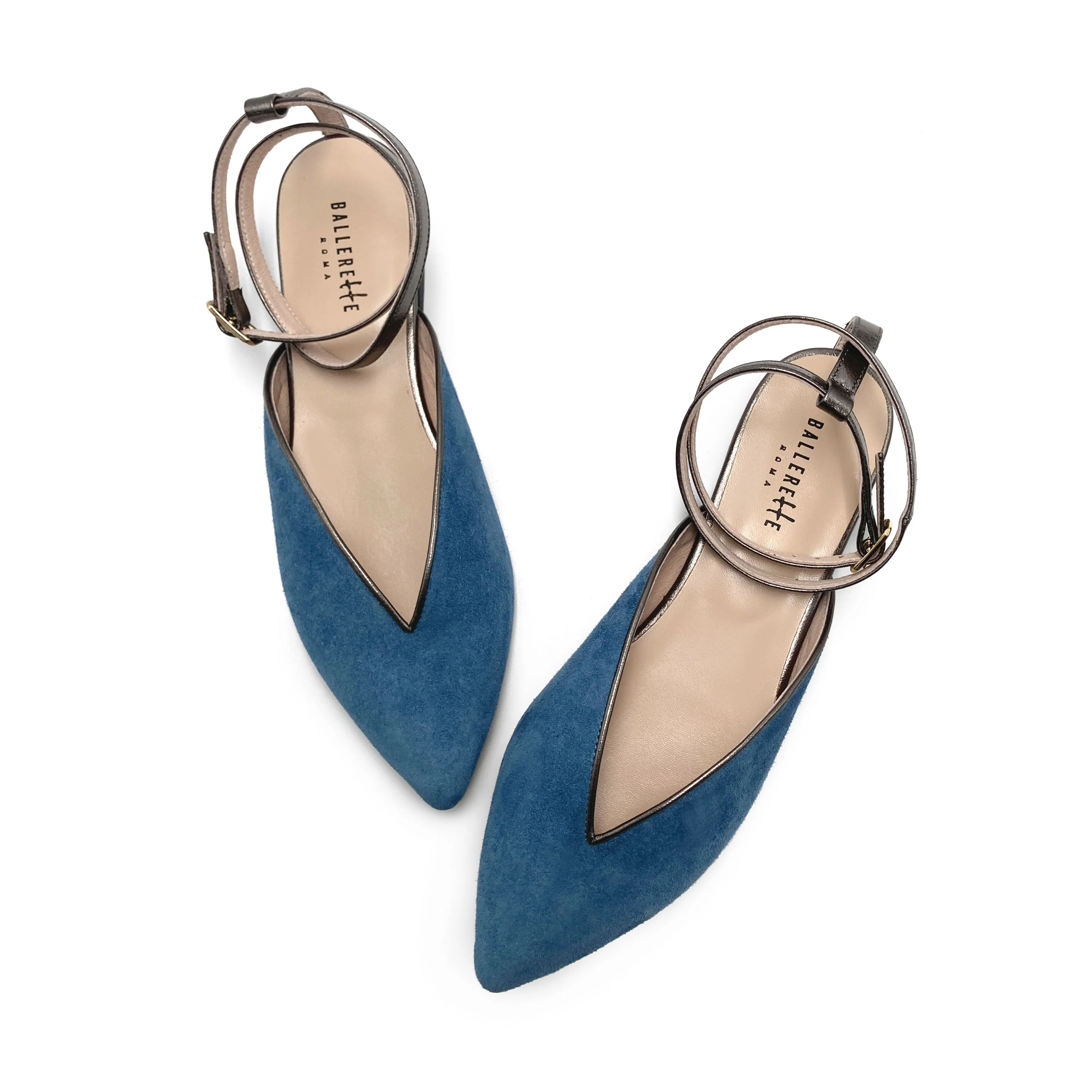 Summer mule shoes in cerulean suede with metallic iron ankle tie - Image 2