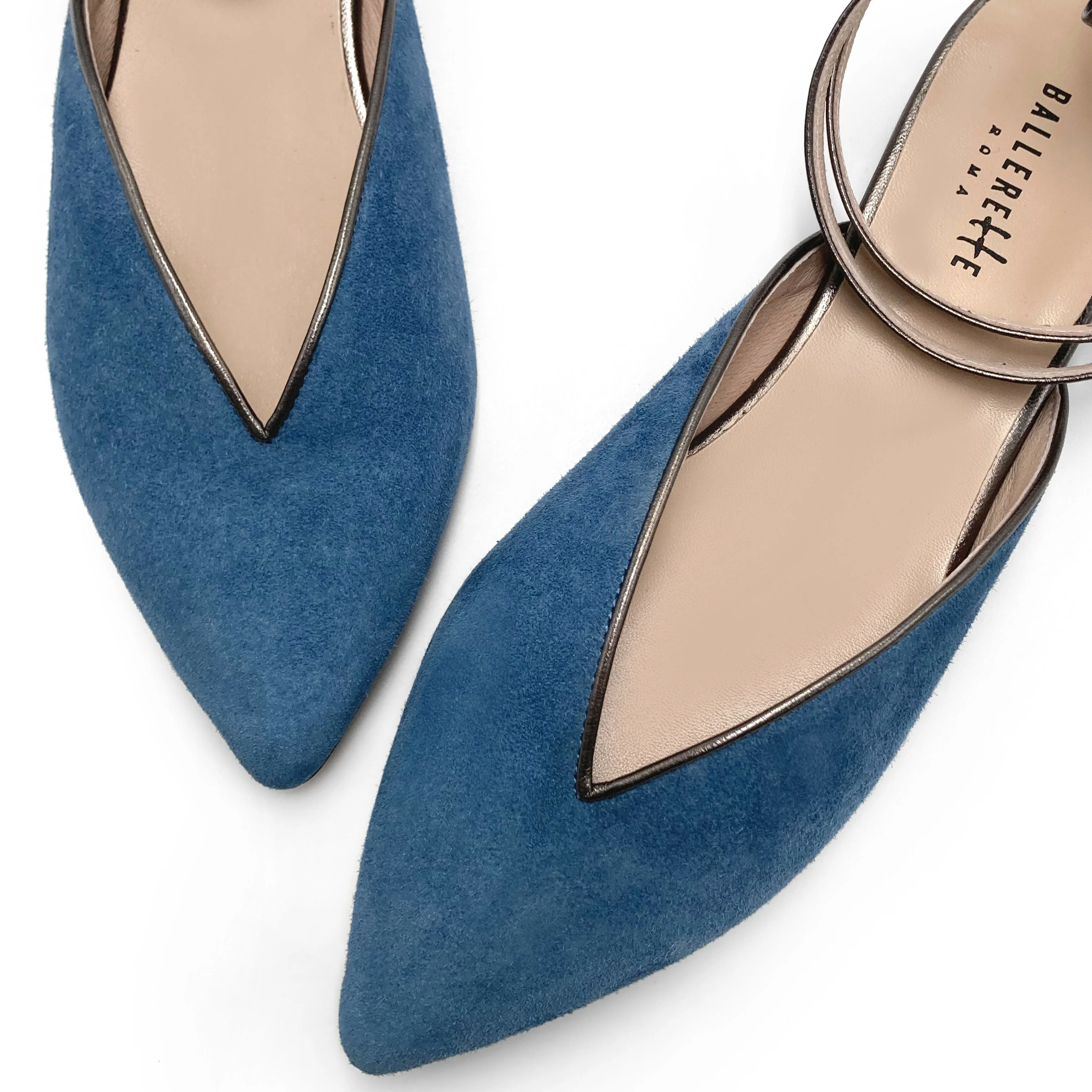 Summer mule shoes in cerulean suede with metallic iron ankle tie - Image 4