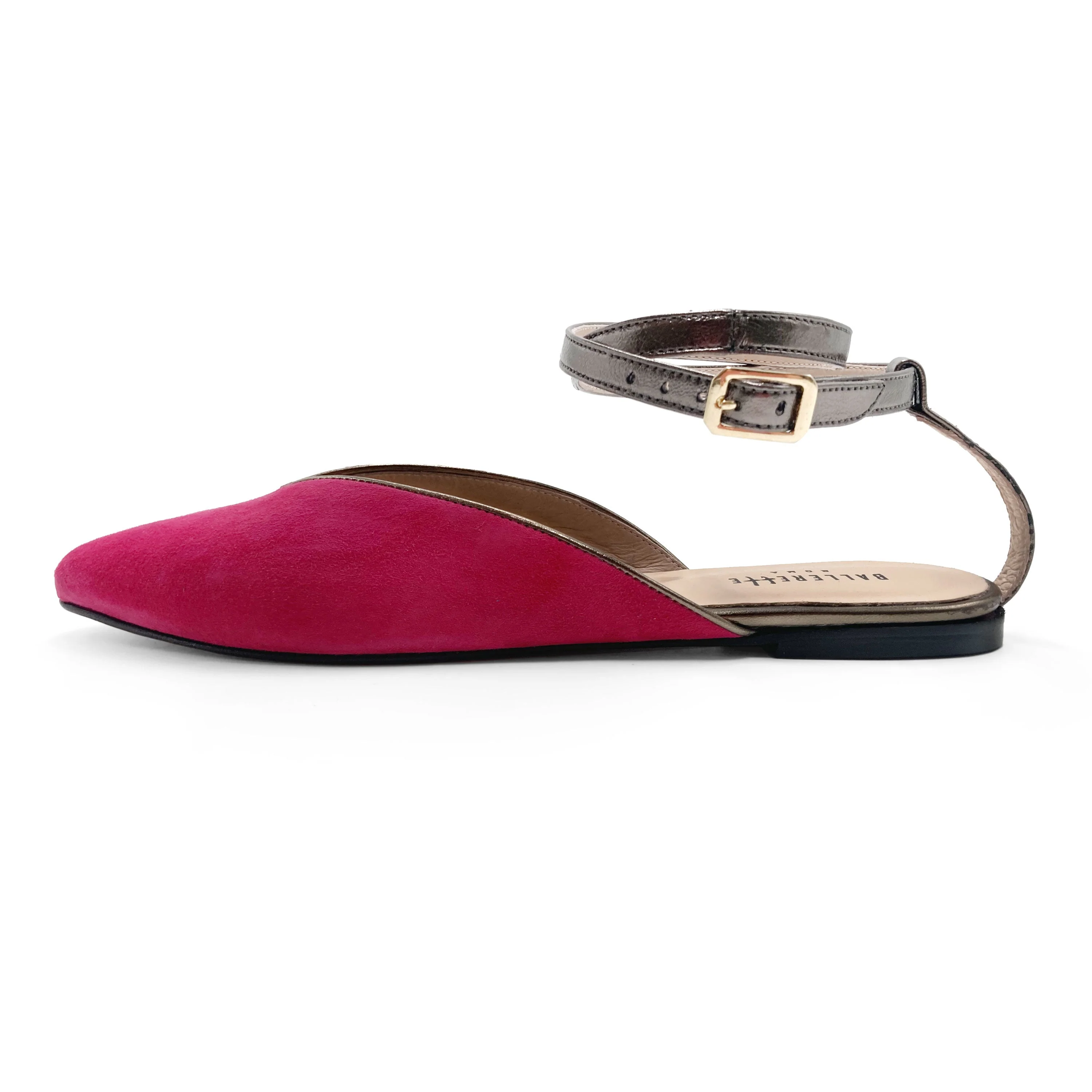 Summer mule shoes in fuchsia suede with gunmetal ankle tie - Image 3