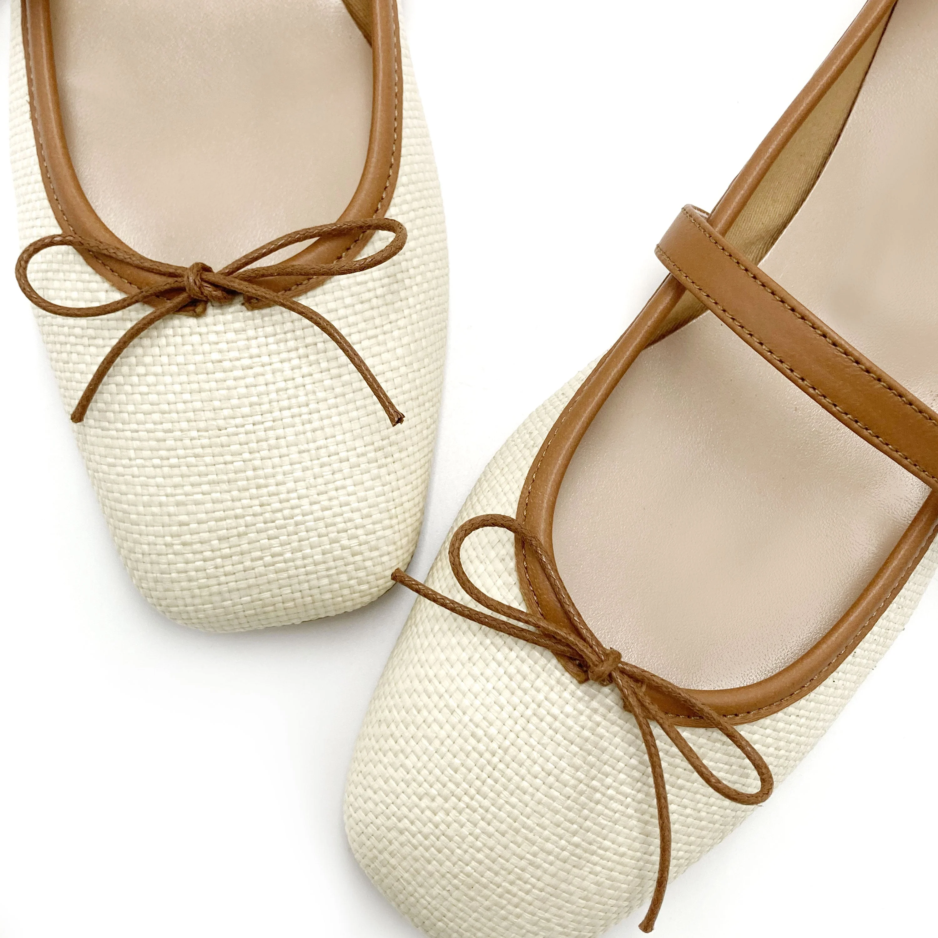 Summer squared toe Mary Jane ballet flats with beige raffia strap - Image 3