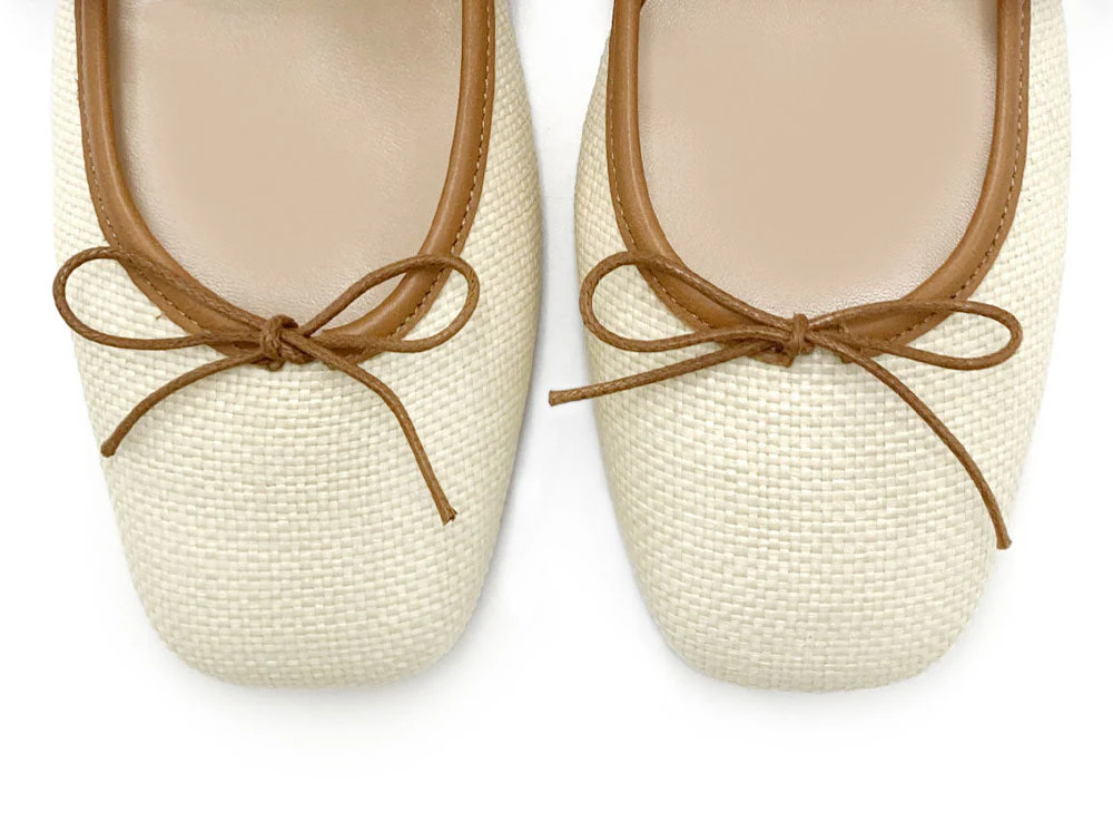 Summer squared toe Mary Jane ballet flats with beige raffia strap - Image 5