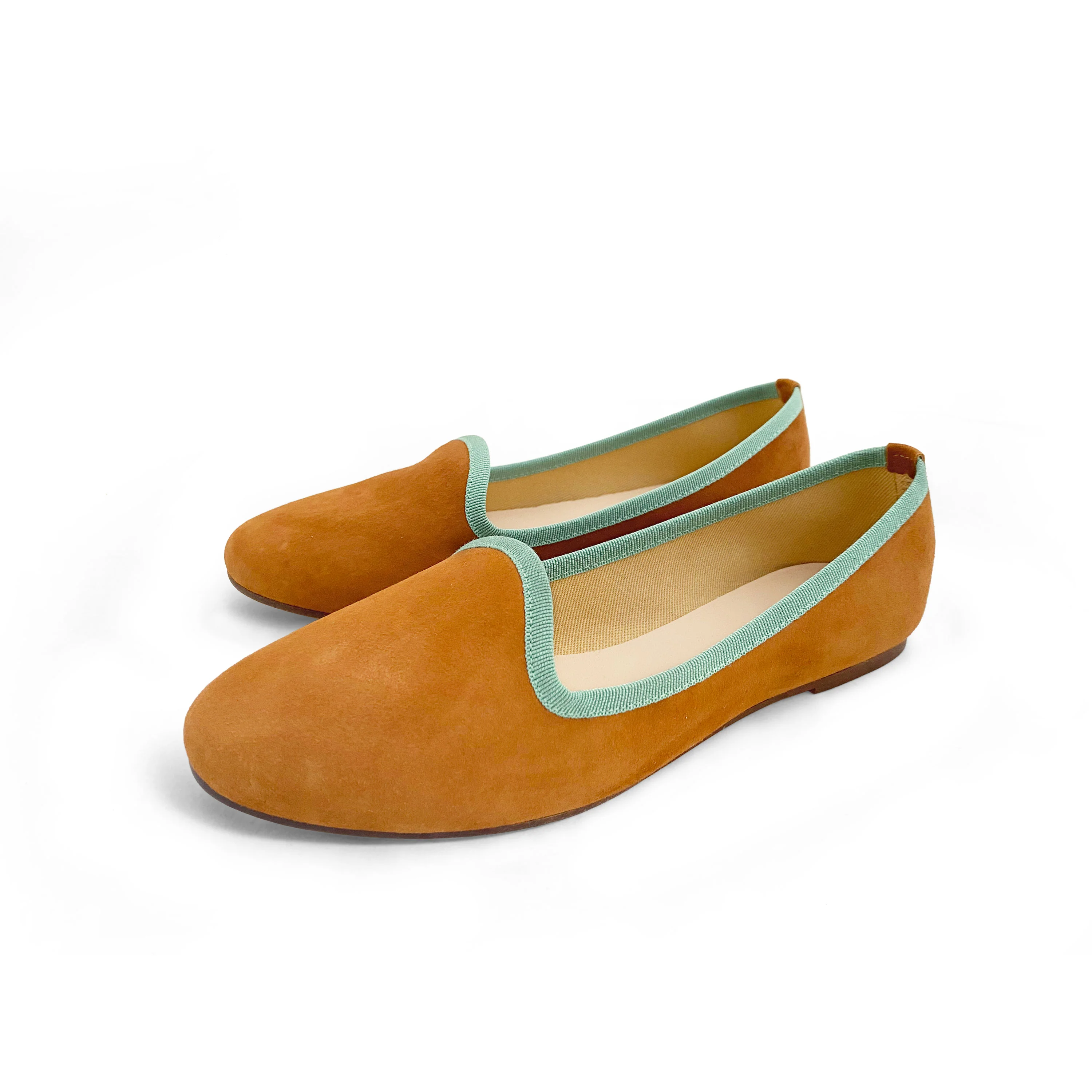 Tan suede women's loafers and green gros grain - Image 4