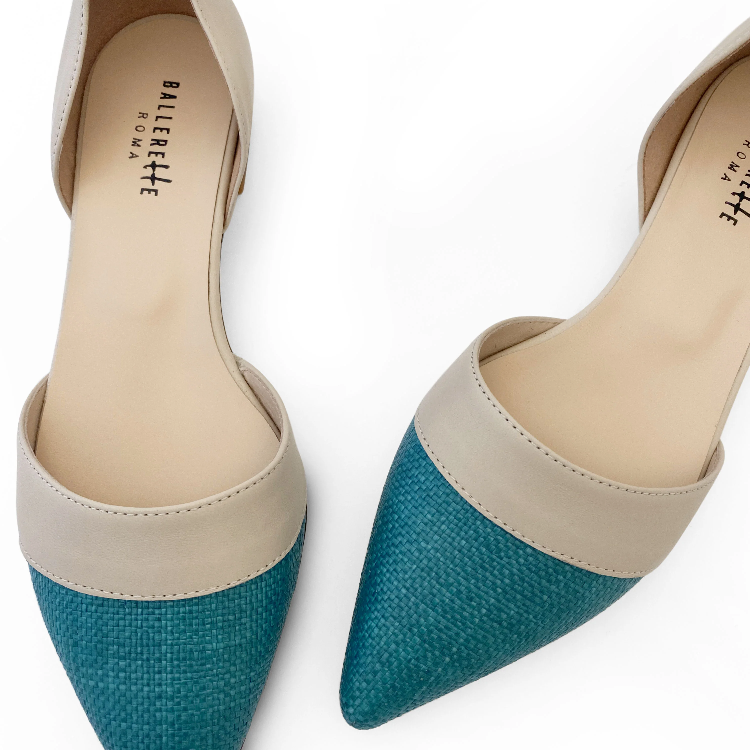 Teal jute d'Orsay ballet flats with beige leather details - Image 3