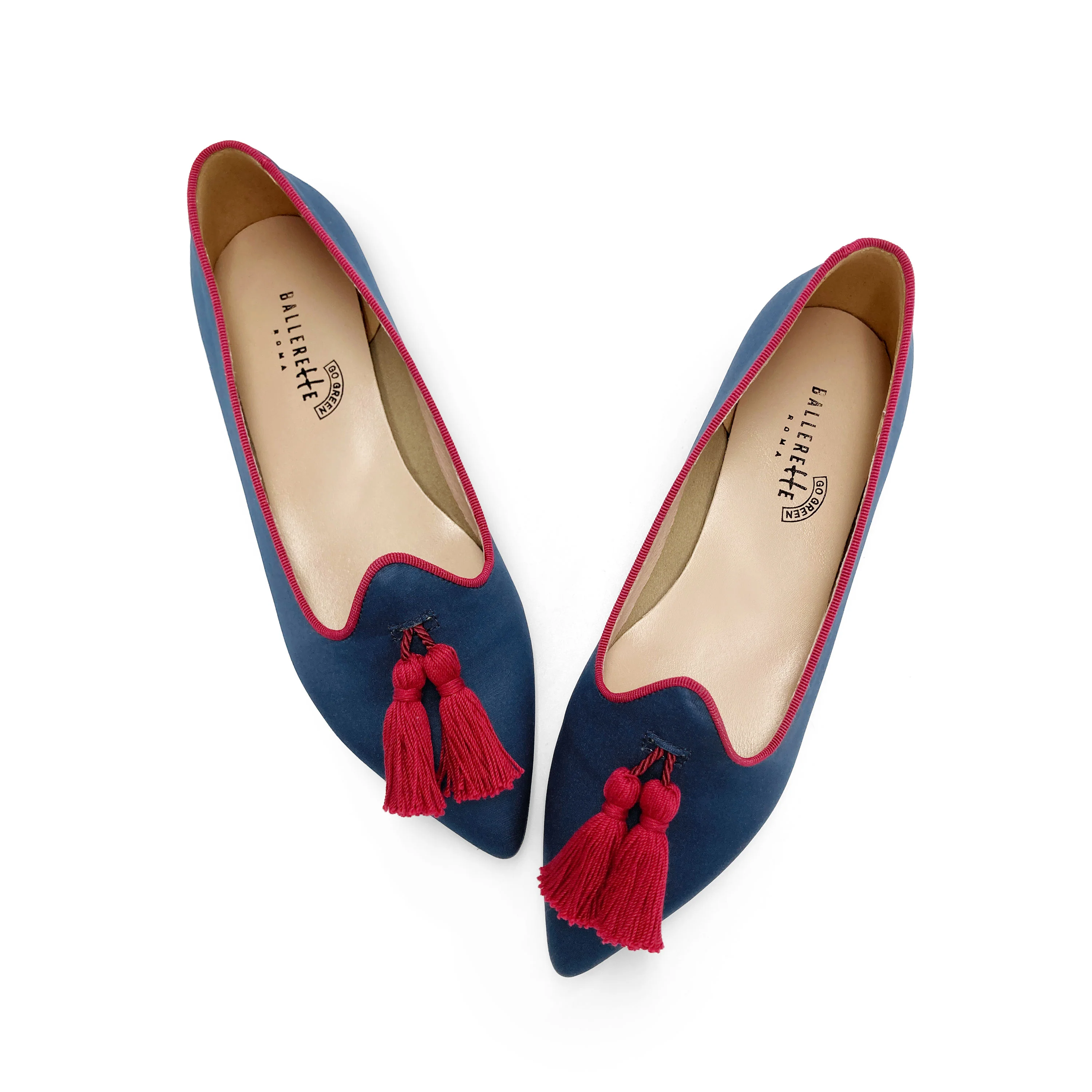 TT Go Green collection - women's blue eco-friendly satin moccasins with burgundy tassels - Image 2