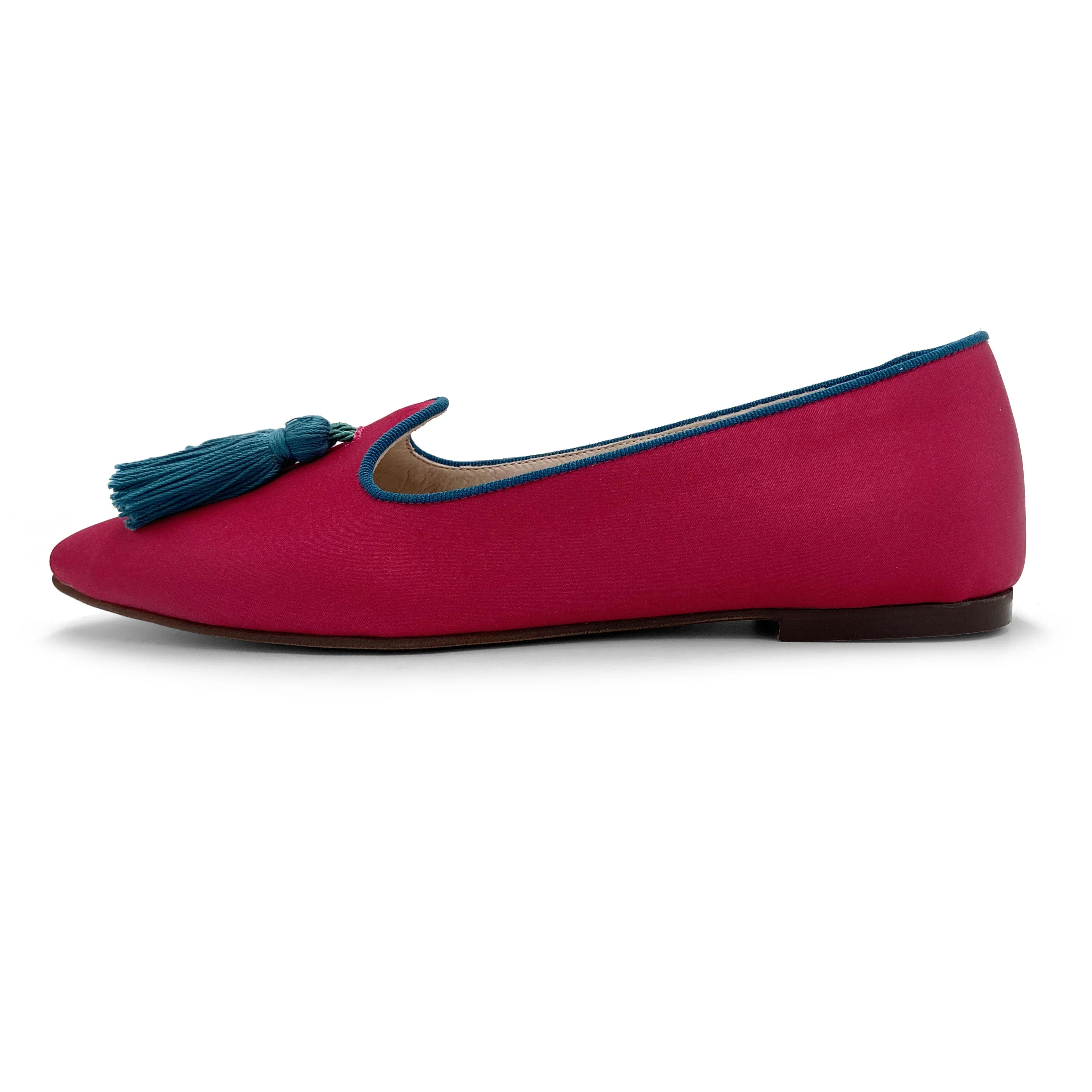 TT Go Green Collection - women’s fuchsia eco-friendly satin moccasins with petrol blue tassels - Image 4