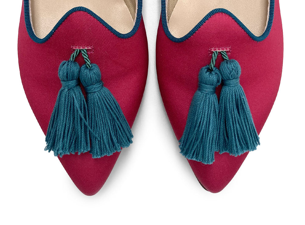 TT Go Green Collection - women’s fuchsia eco-friendly satin moccasins with petrol blue tassels - Image 5