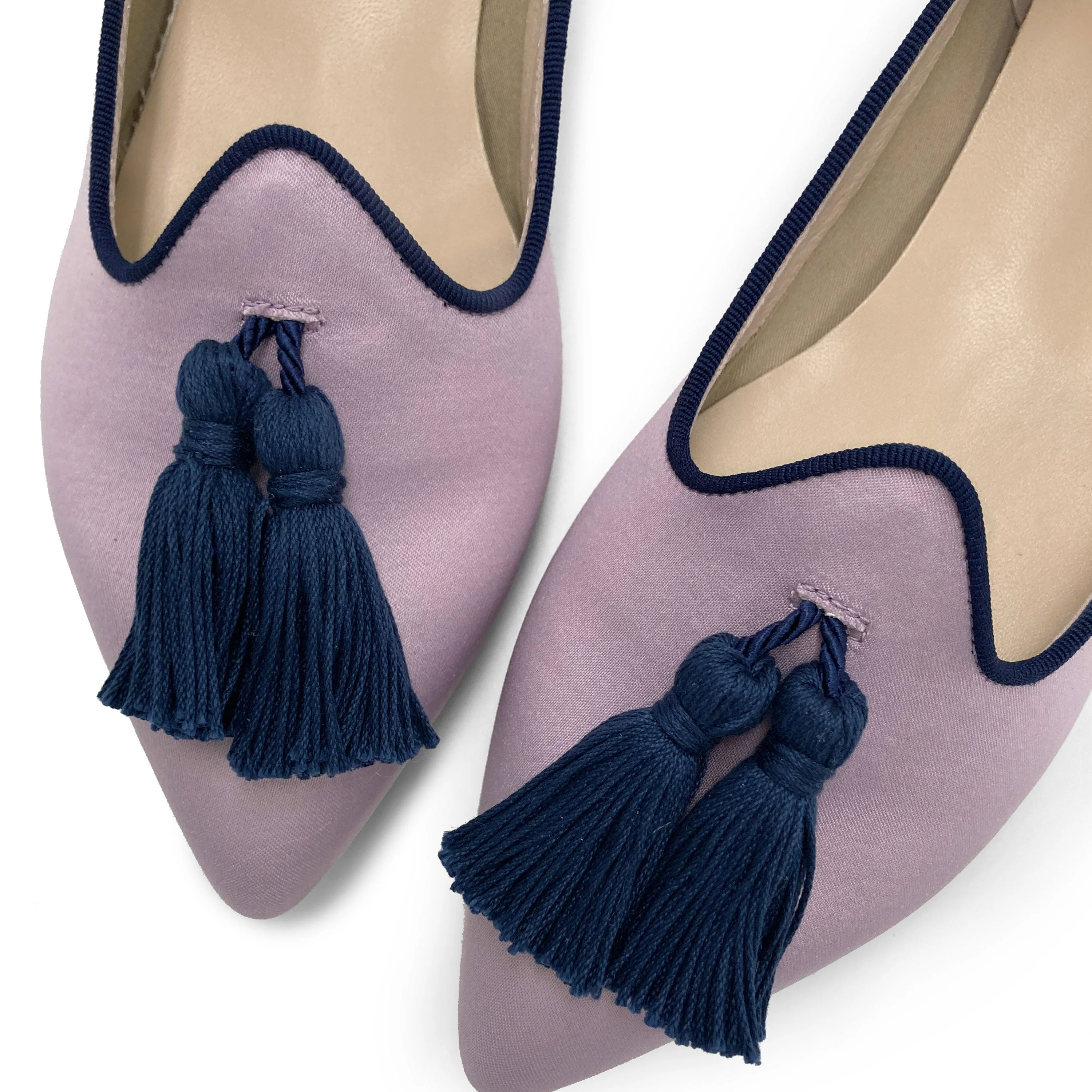TT Go Green Collection - women’s lilac eco-friendly satin moccasins with blue tassels - Image 3