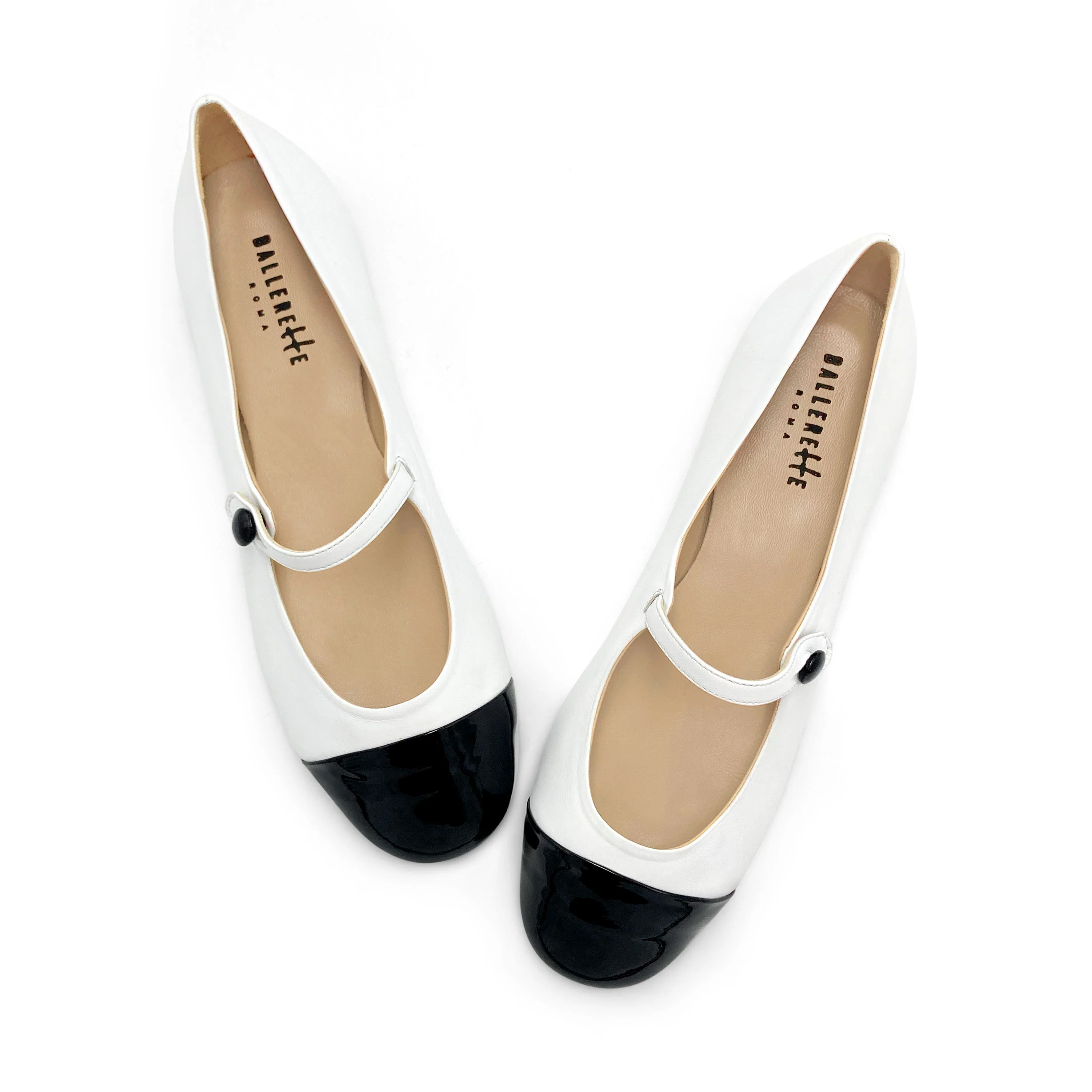 White ballet flats with black patent toe and strap - Image 2