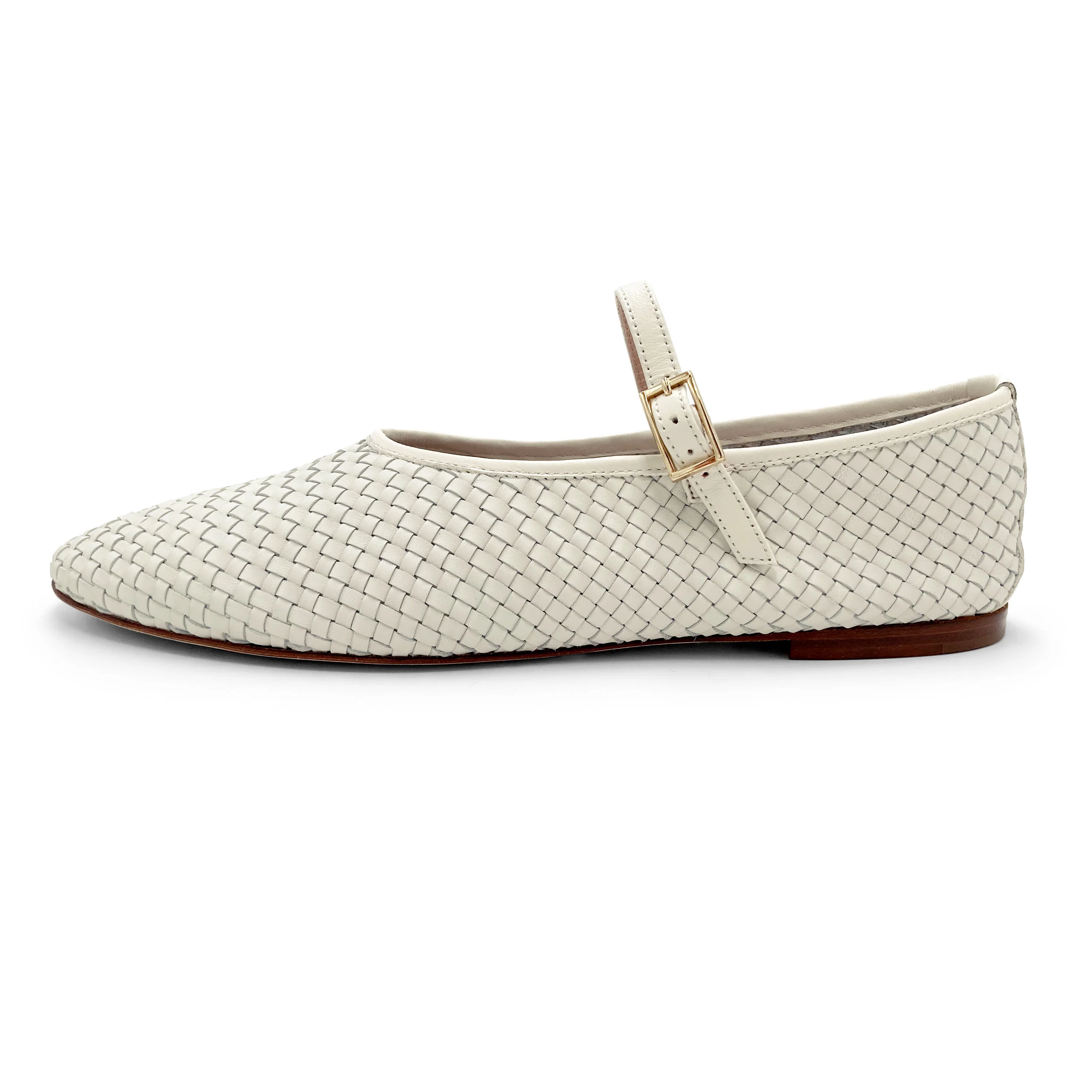 White high cut handwoven leather ballet flats with strap - Image 4