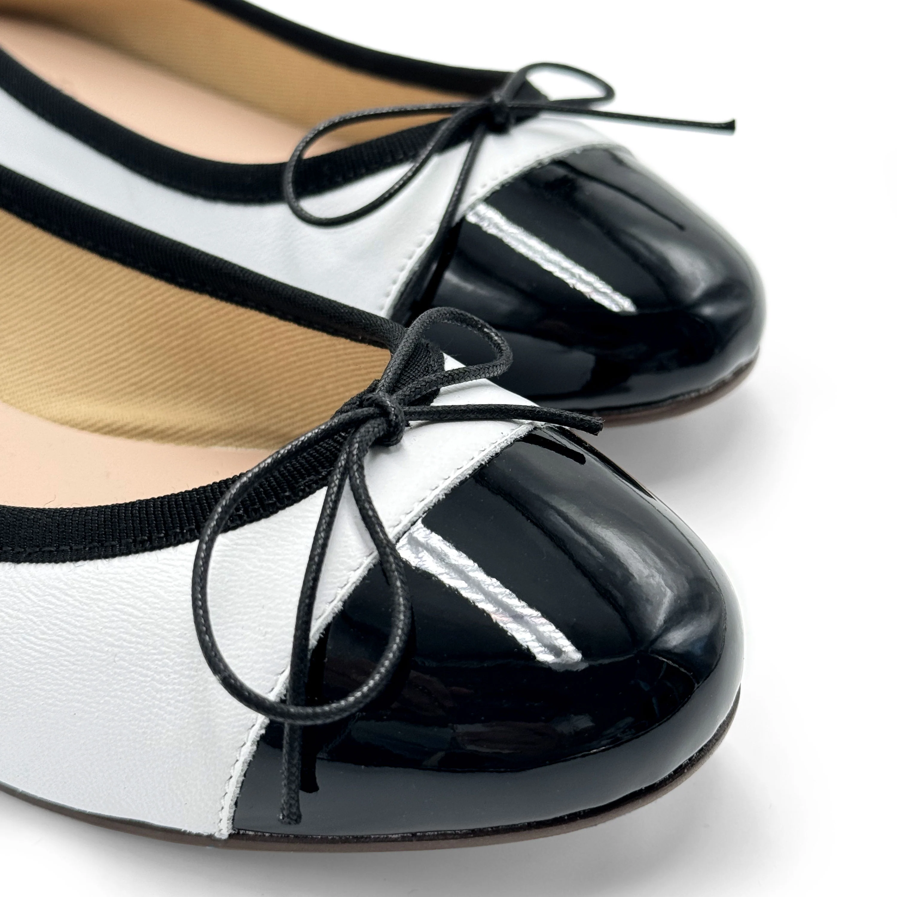 White leather ballet flats with black patent toe - Image 4