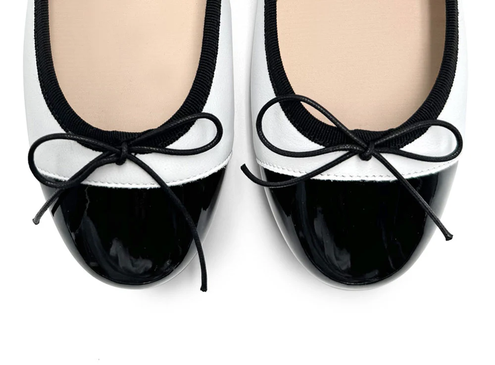 White leather ballet flats with black patent toe - Image 5