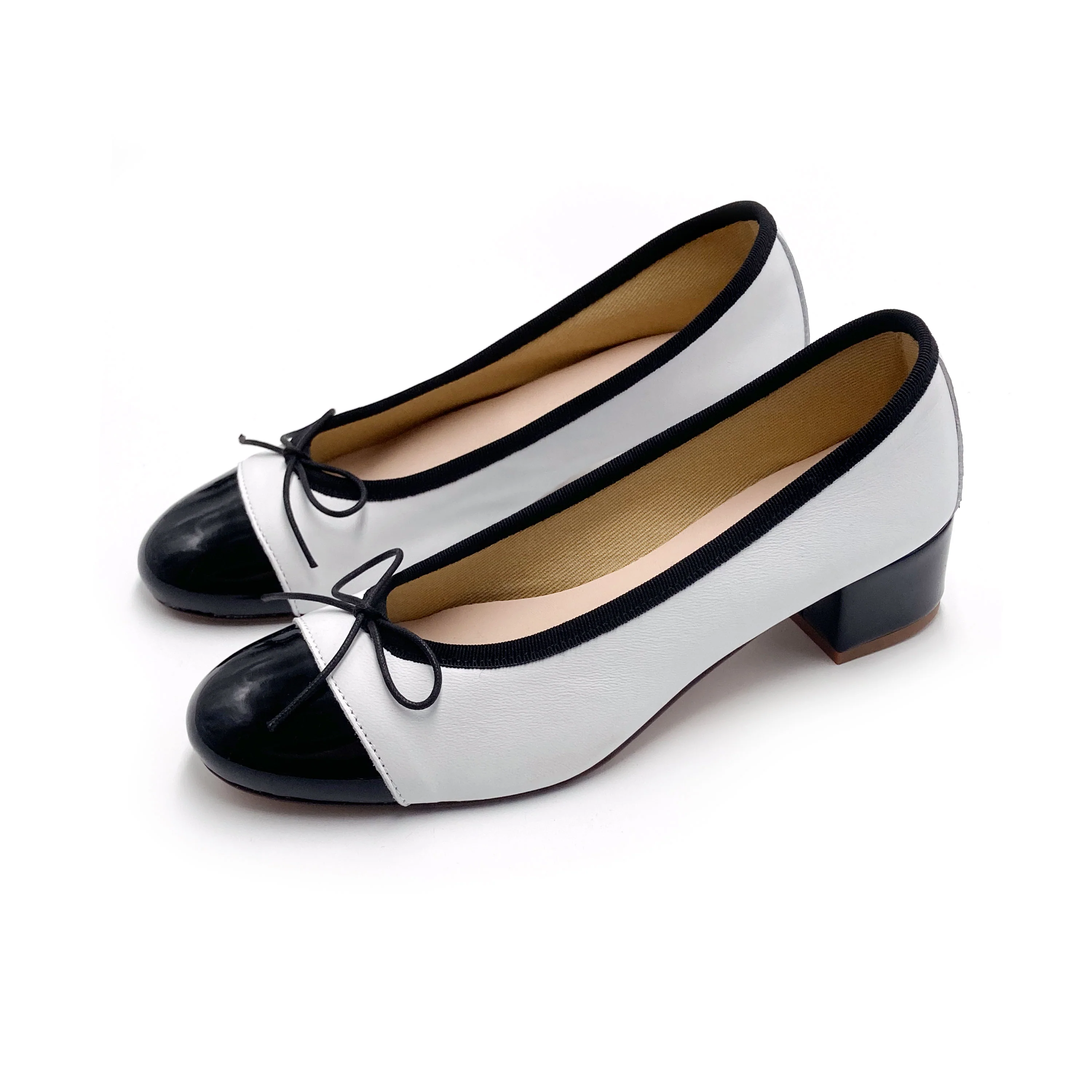 White leather ballet flats with high heel and patent toe - Image 5