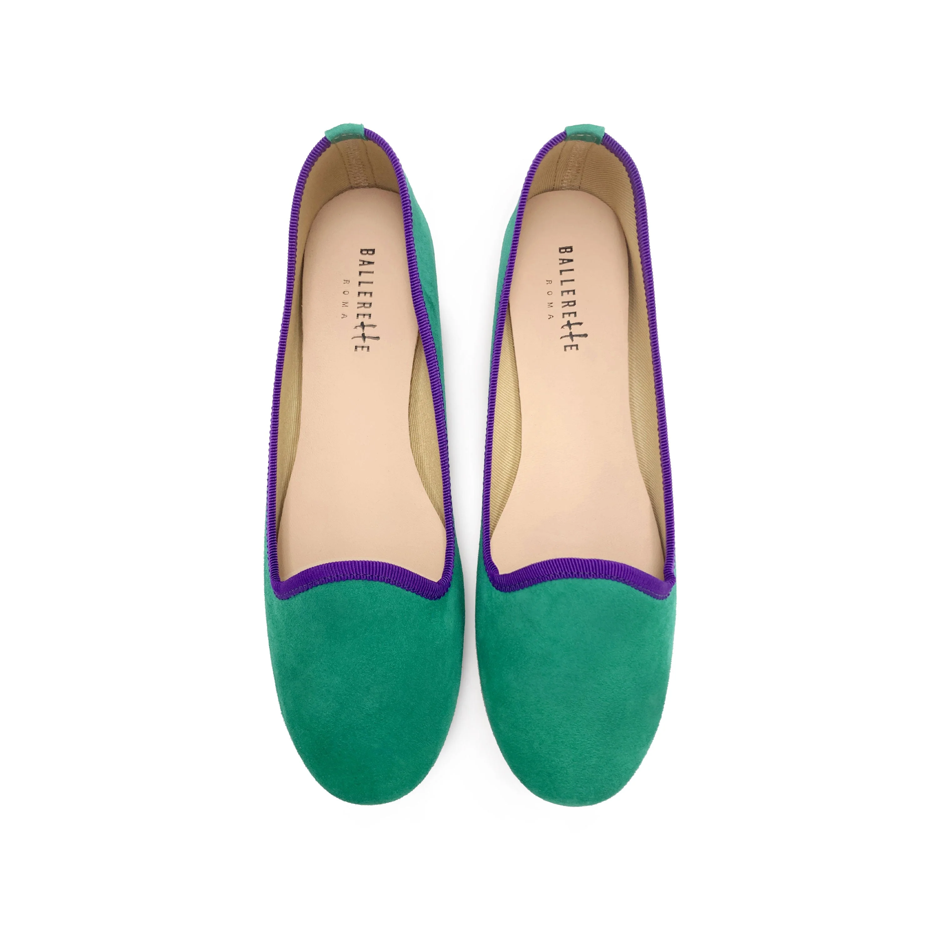 Women loafers in emerald green suede with purple details