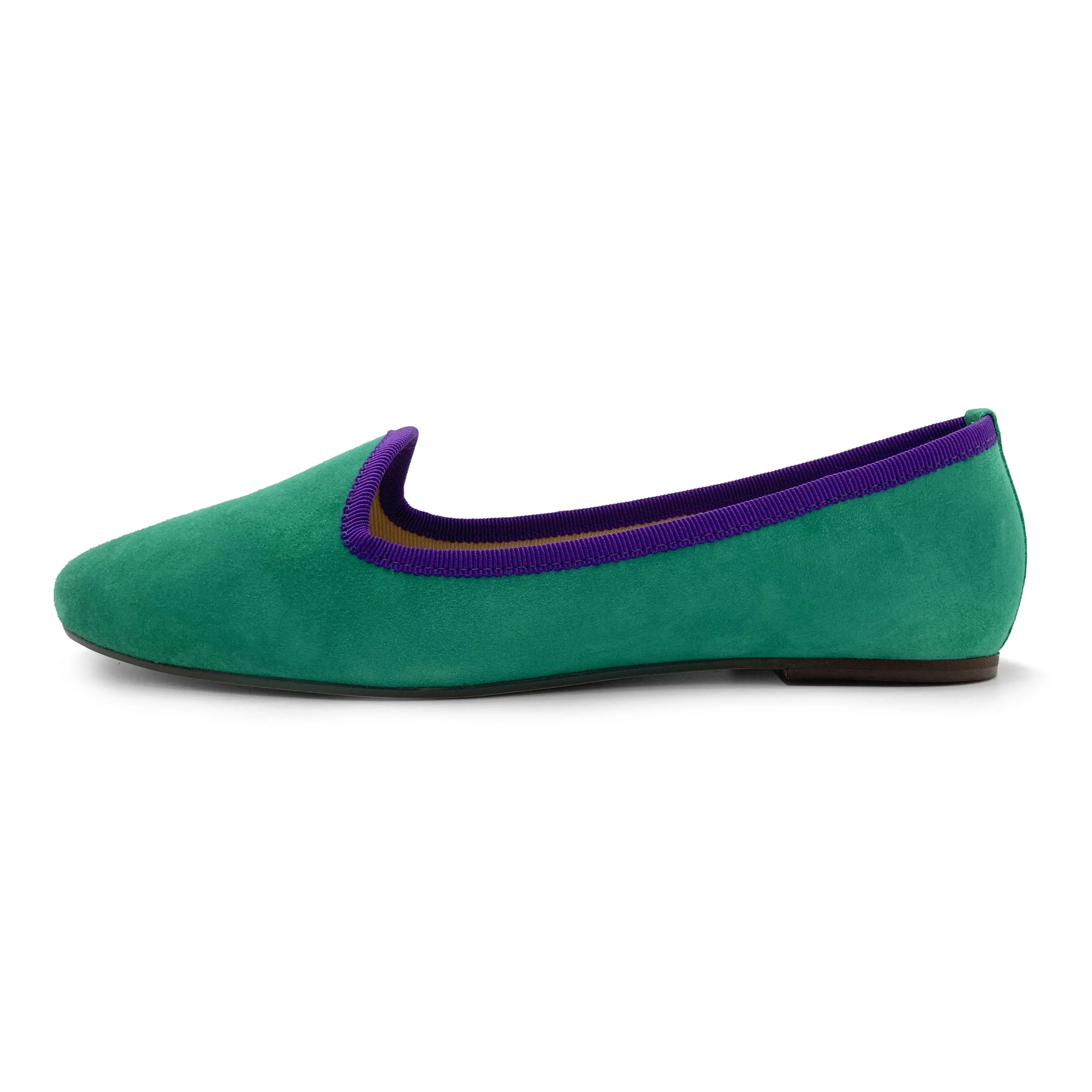 Women loafers in emerald green suede with purple details - Image 3