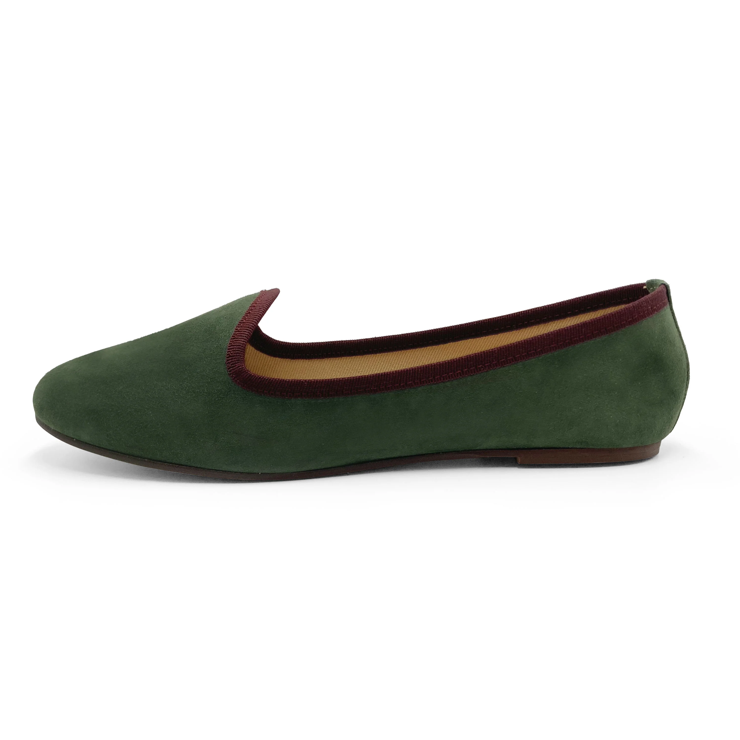 Women loafers in olive green suede and burgundy details - Image 4