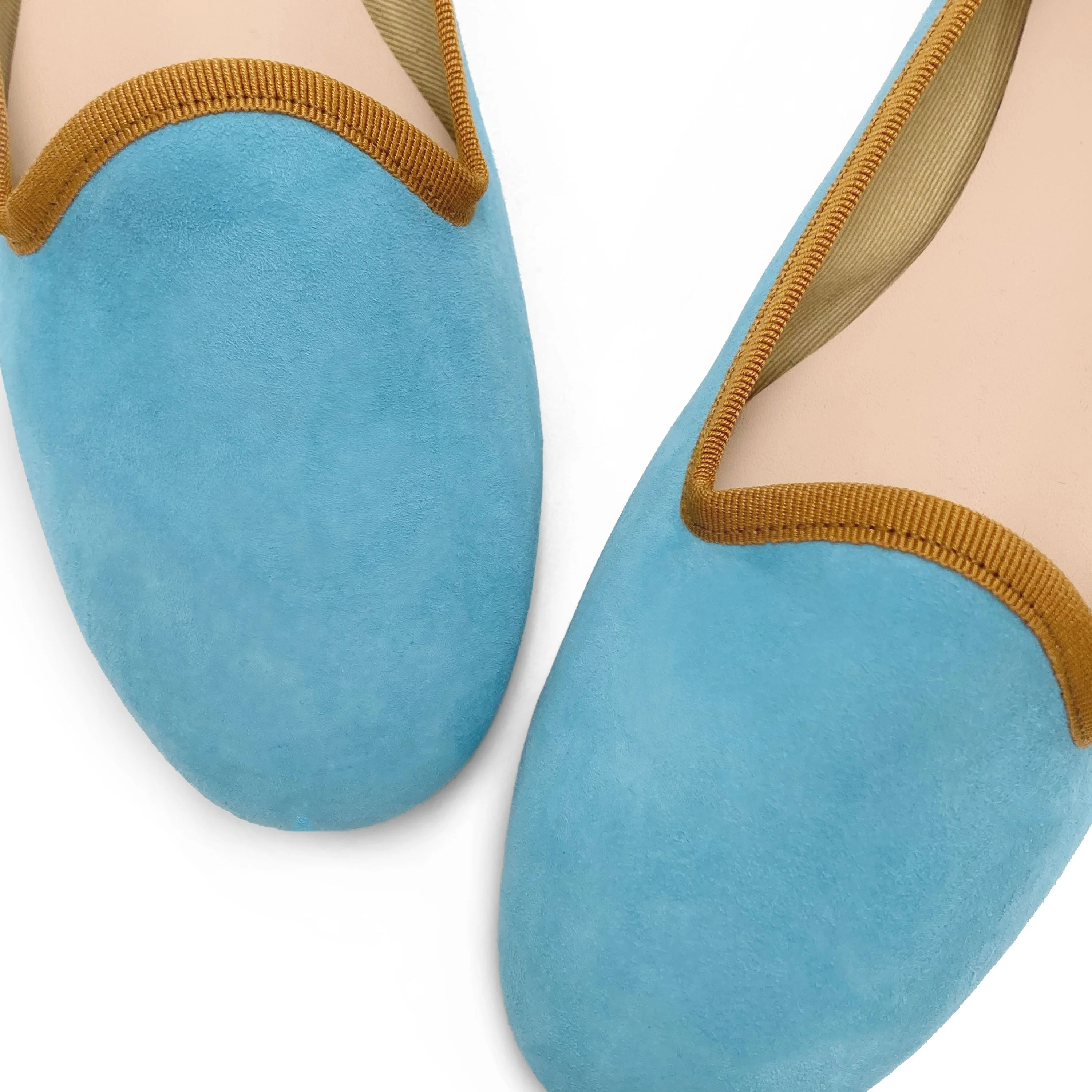 Women's aqua blue suede loafers with ochre details - Image 3