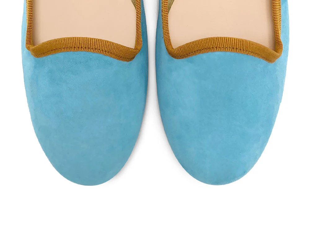 Women's aqua blue suede loafers with ochre details - Image 5