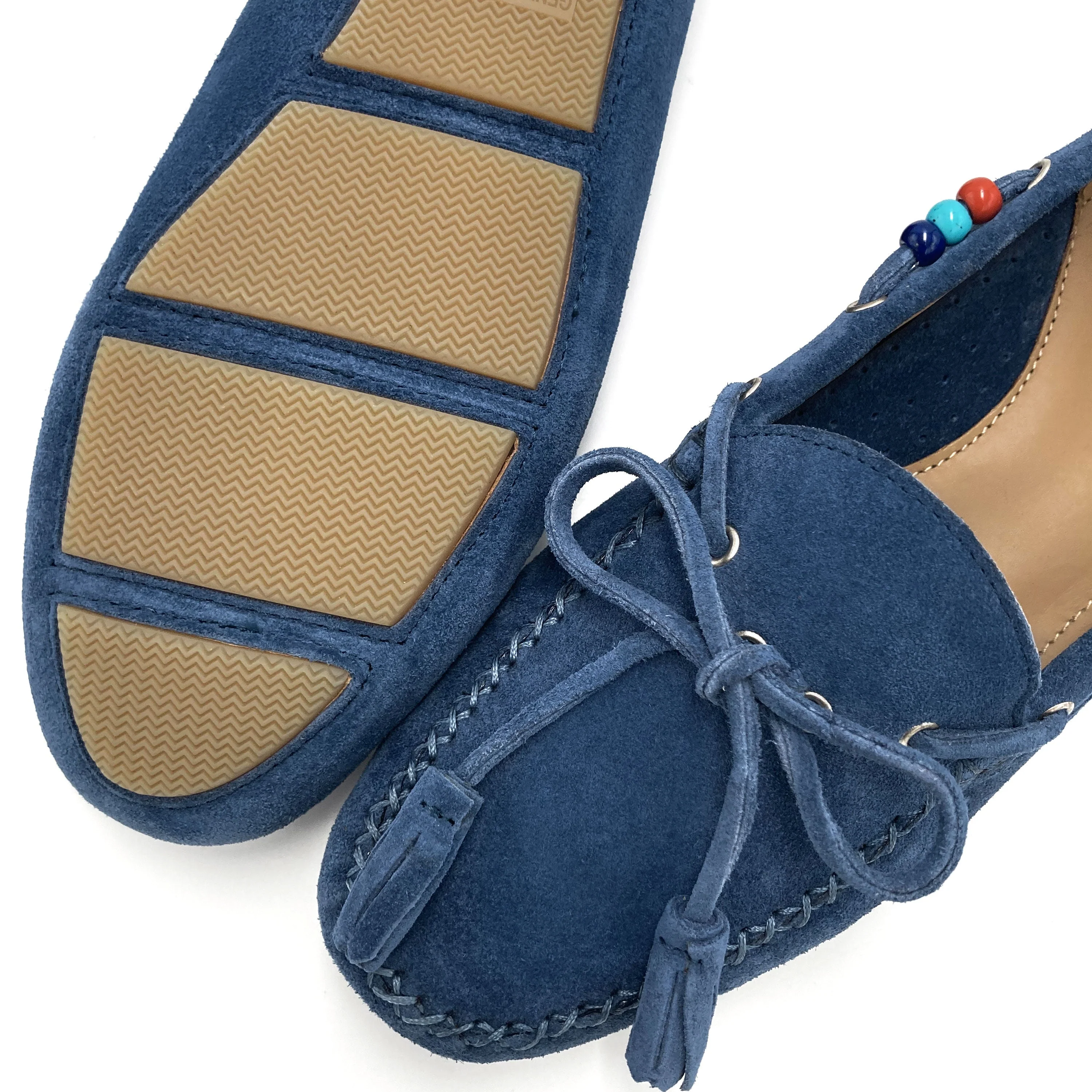 Women’s denim blue moccasins with beads - Image 3