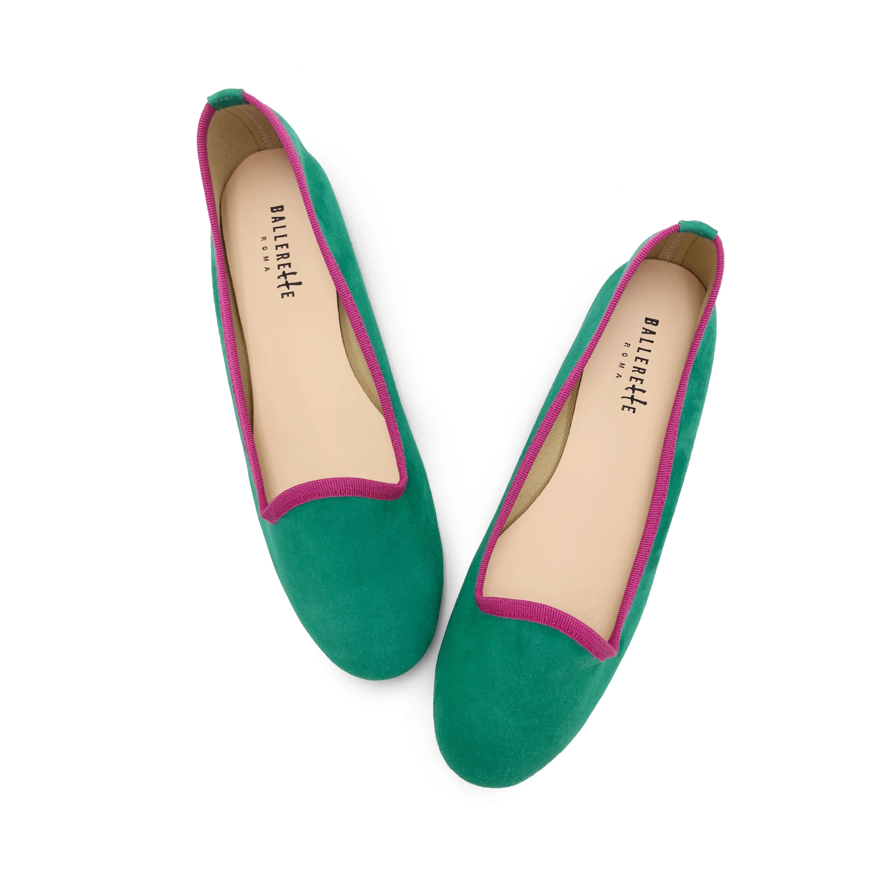 Women's emerald green suede loafers with fuchsia details - Image 2