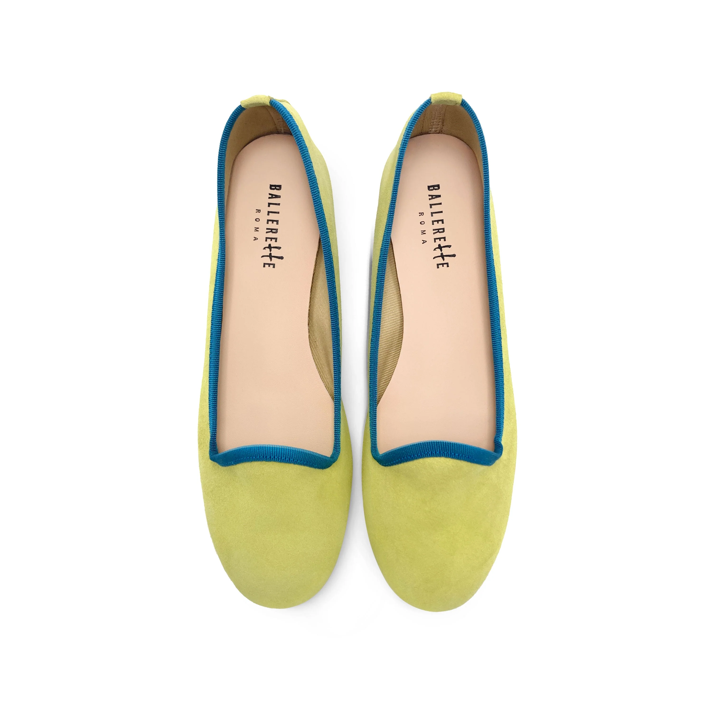 Women's lime green suede loafers with petrol blue details