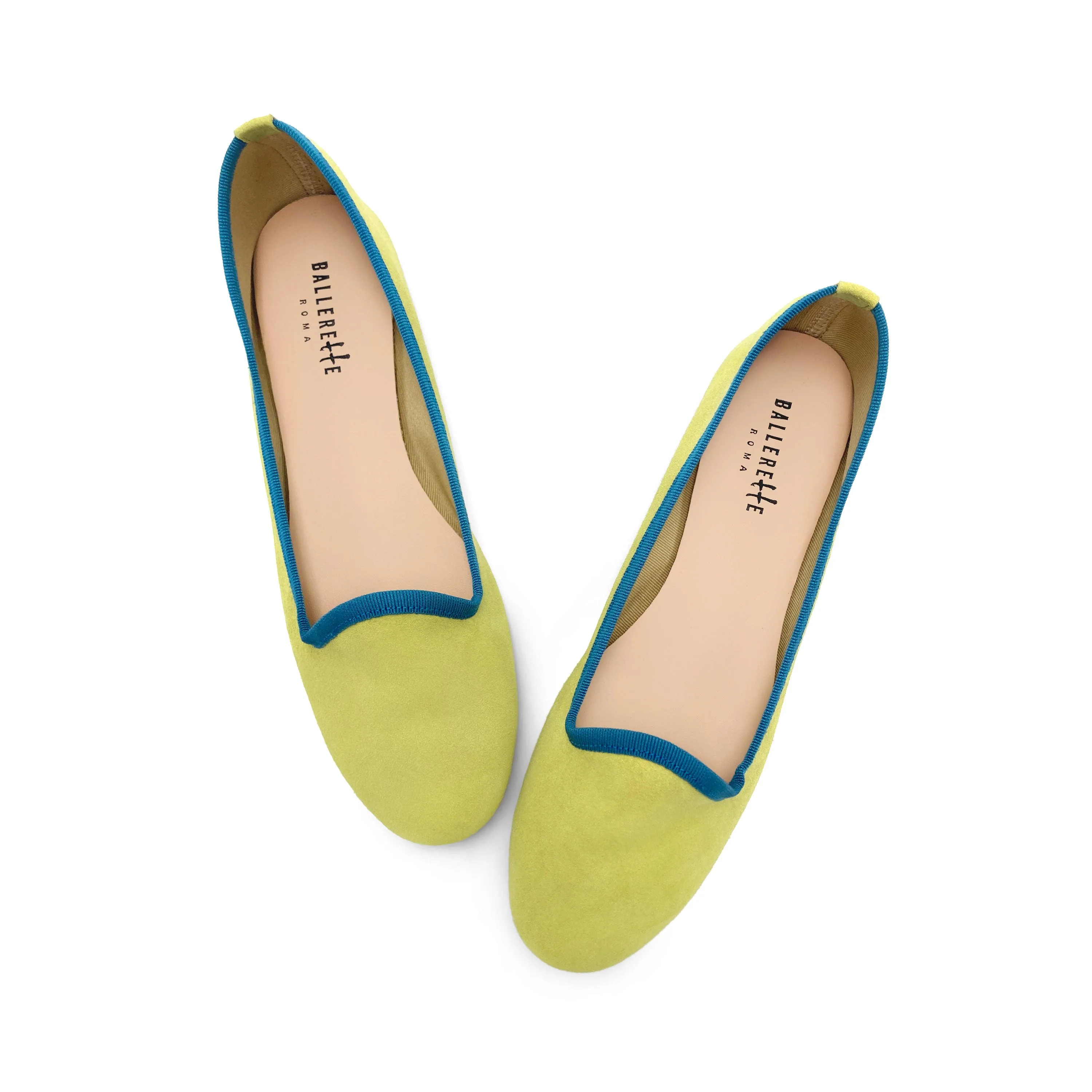 Women's lime green suede loafers with petrol blue details - Image 2