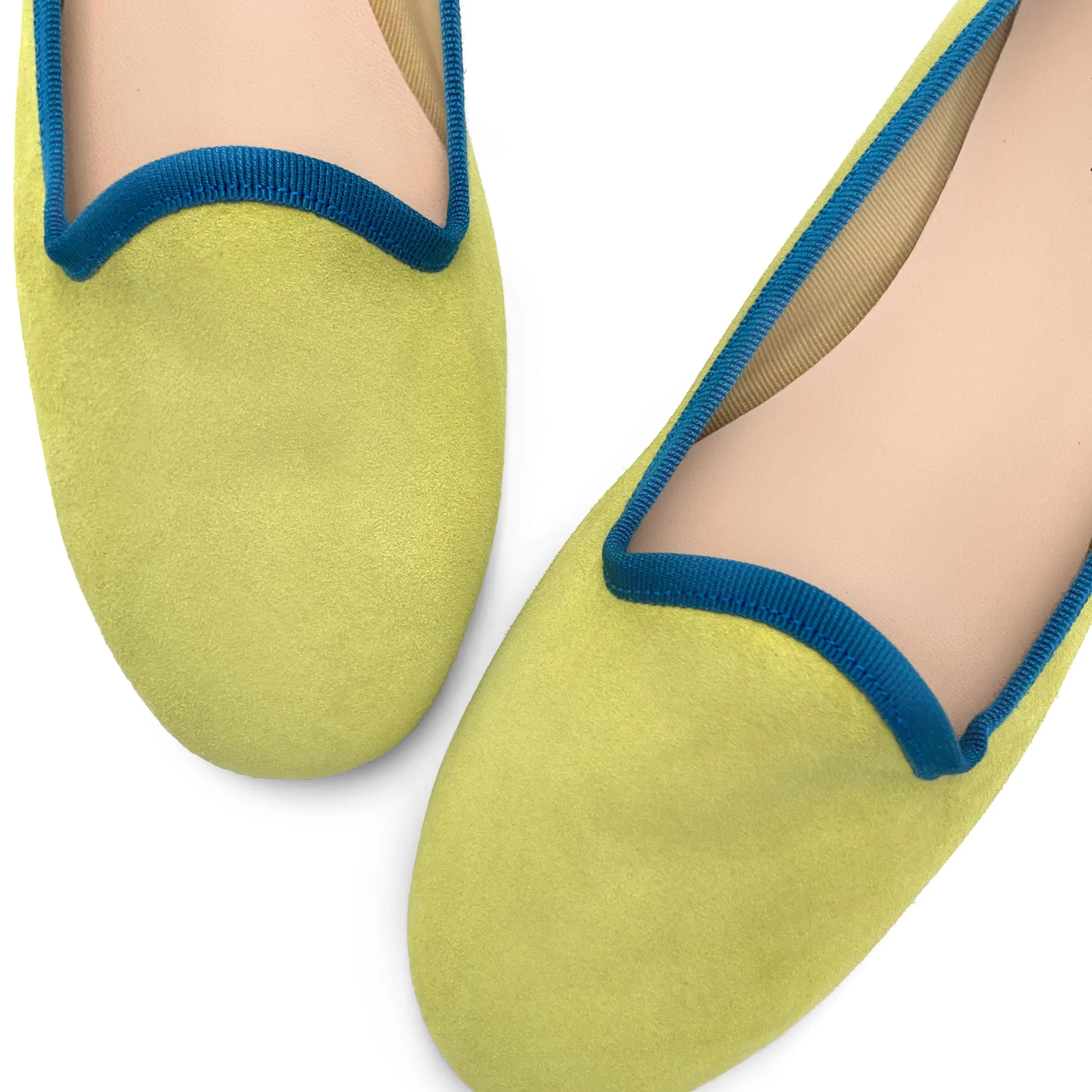 Women's lime green suede loafers with petrol blue details - Image 3