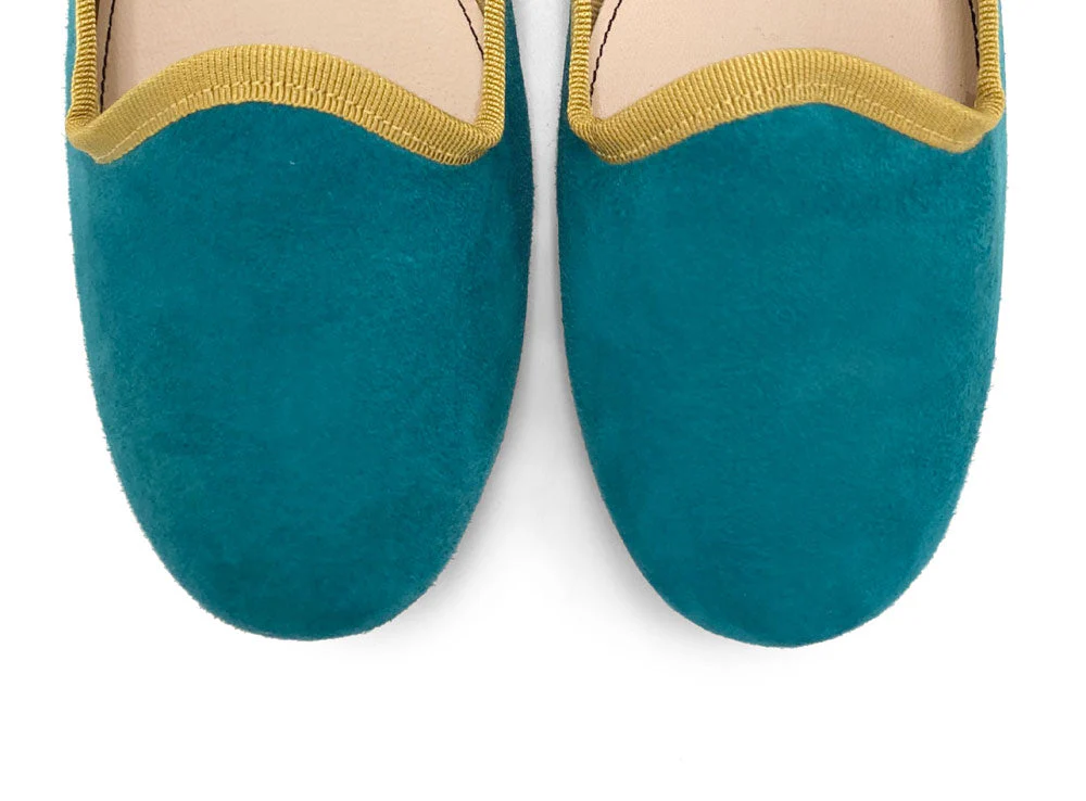 Women’s loafers in petrol blue suede with mustard details - Image 5